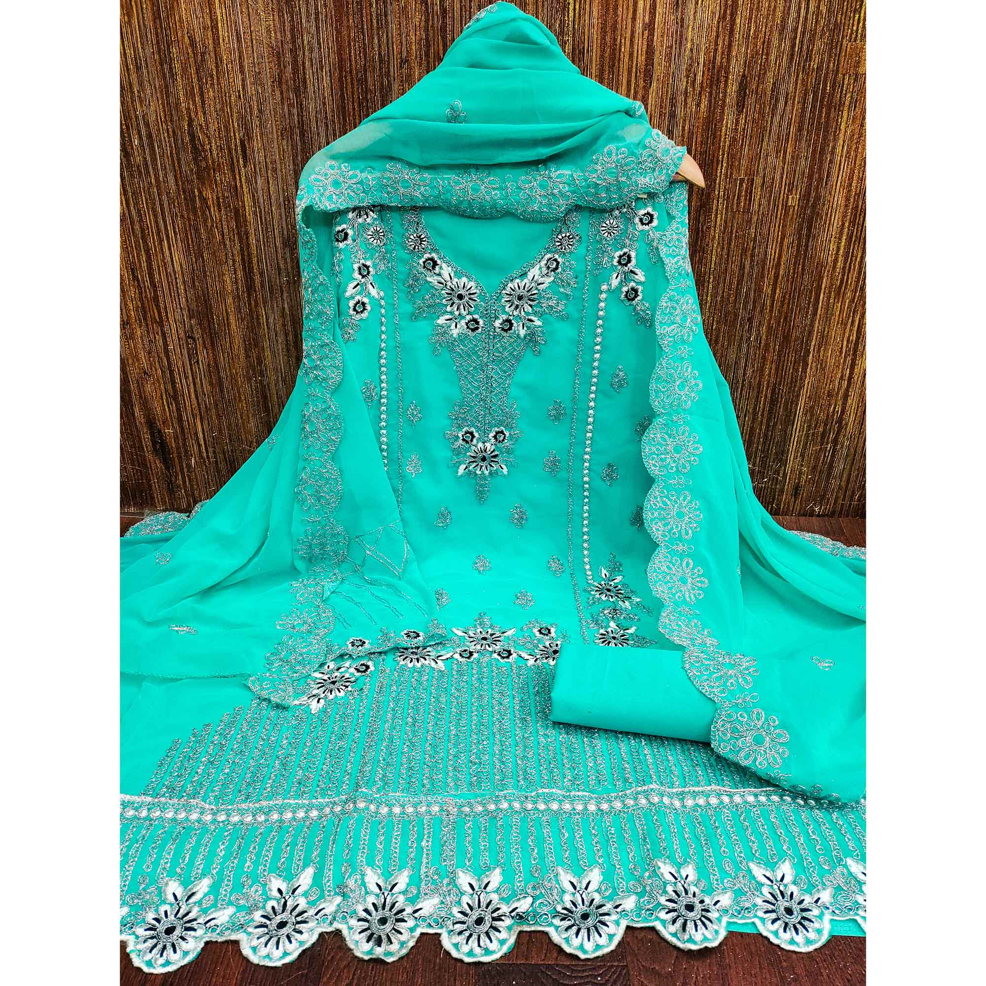 Turquoise Floral Embroidered Georgette Dress Material