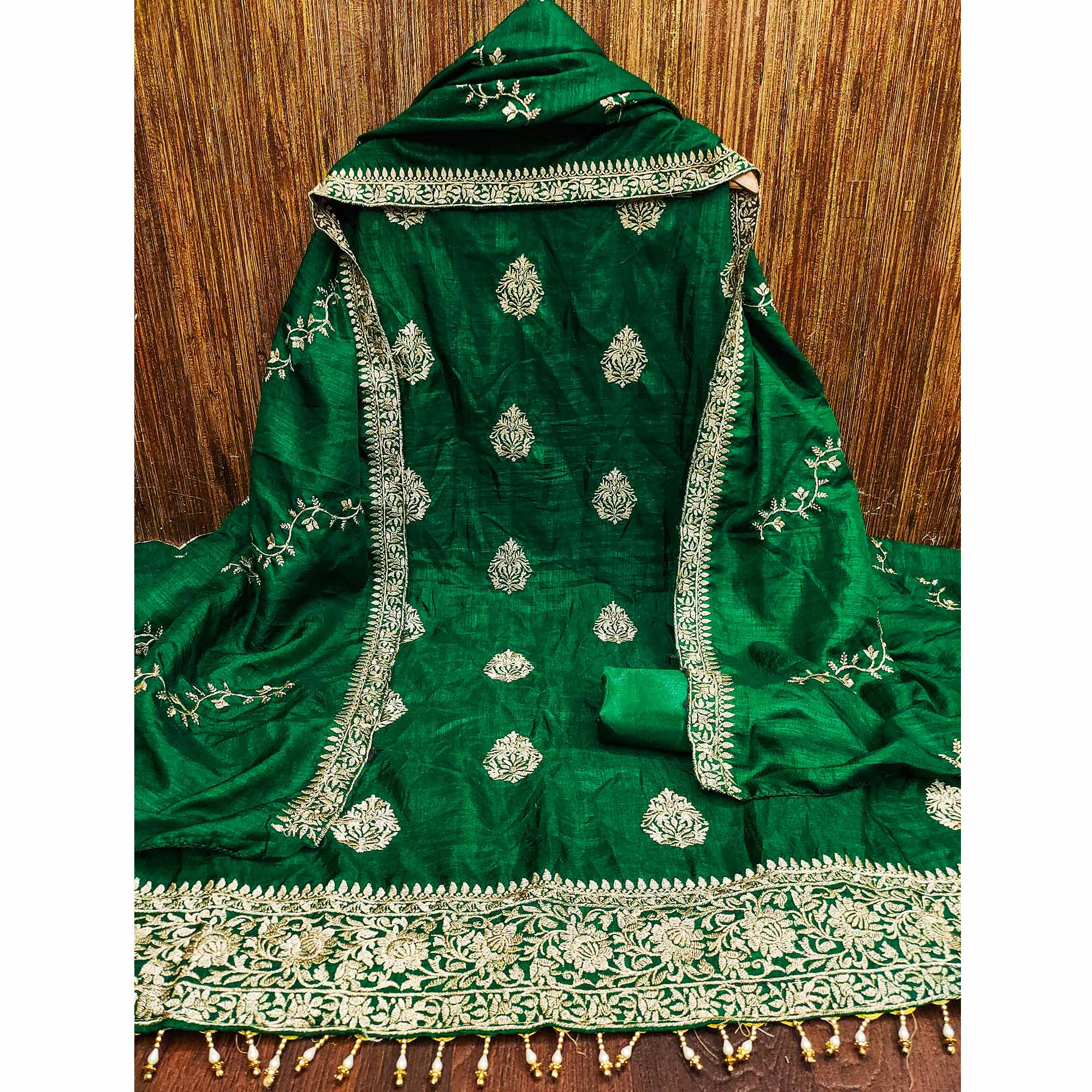 Green Floral Embroidered Vichitra Silk Dress Material