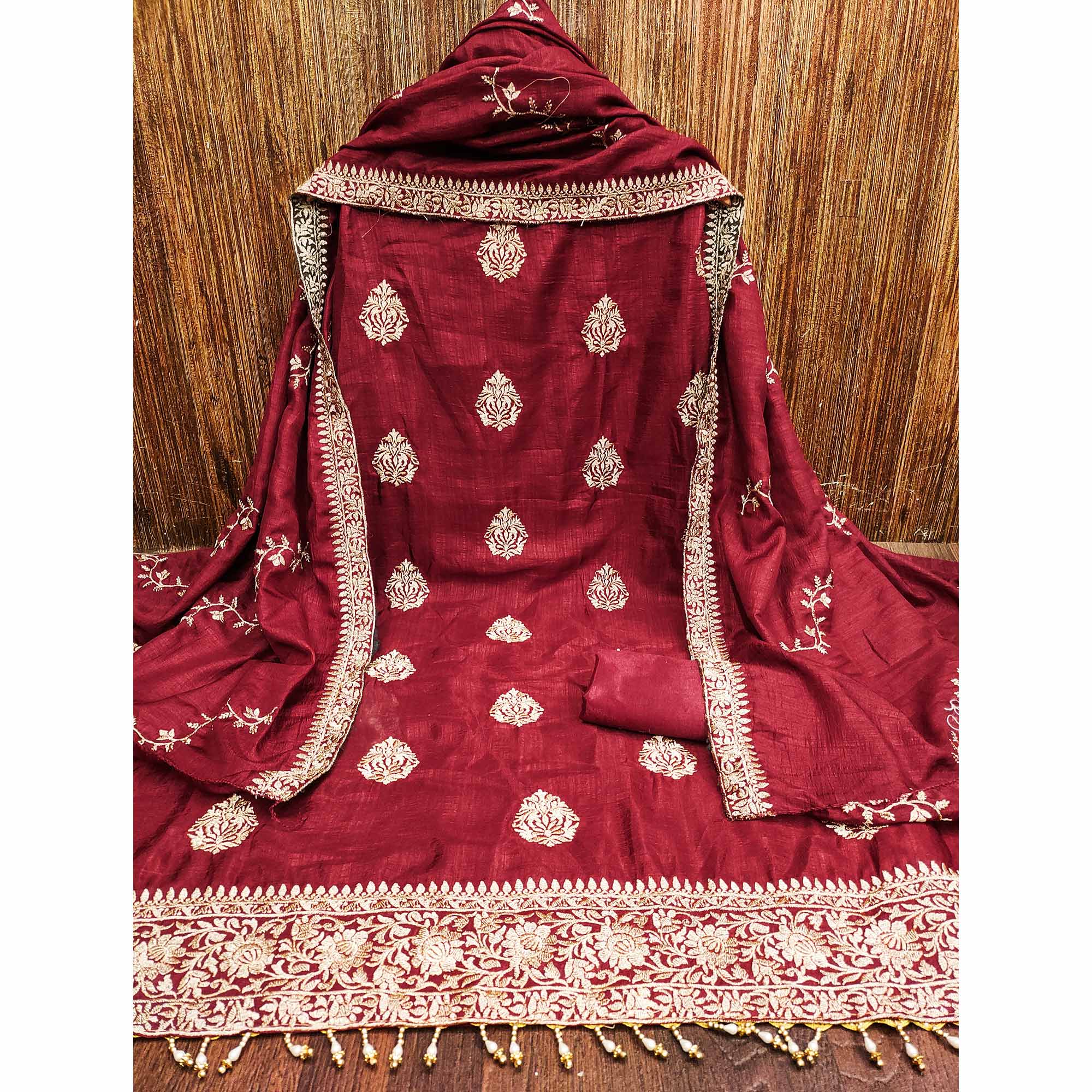 Maroon Floral Embroidered Vichitra Silk Dress Material