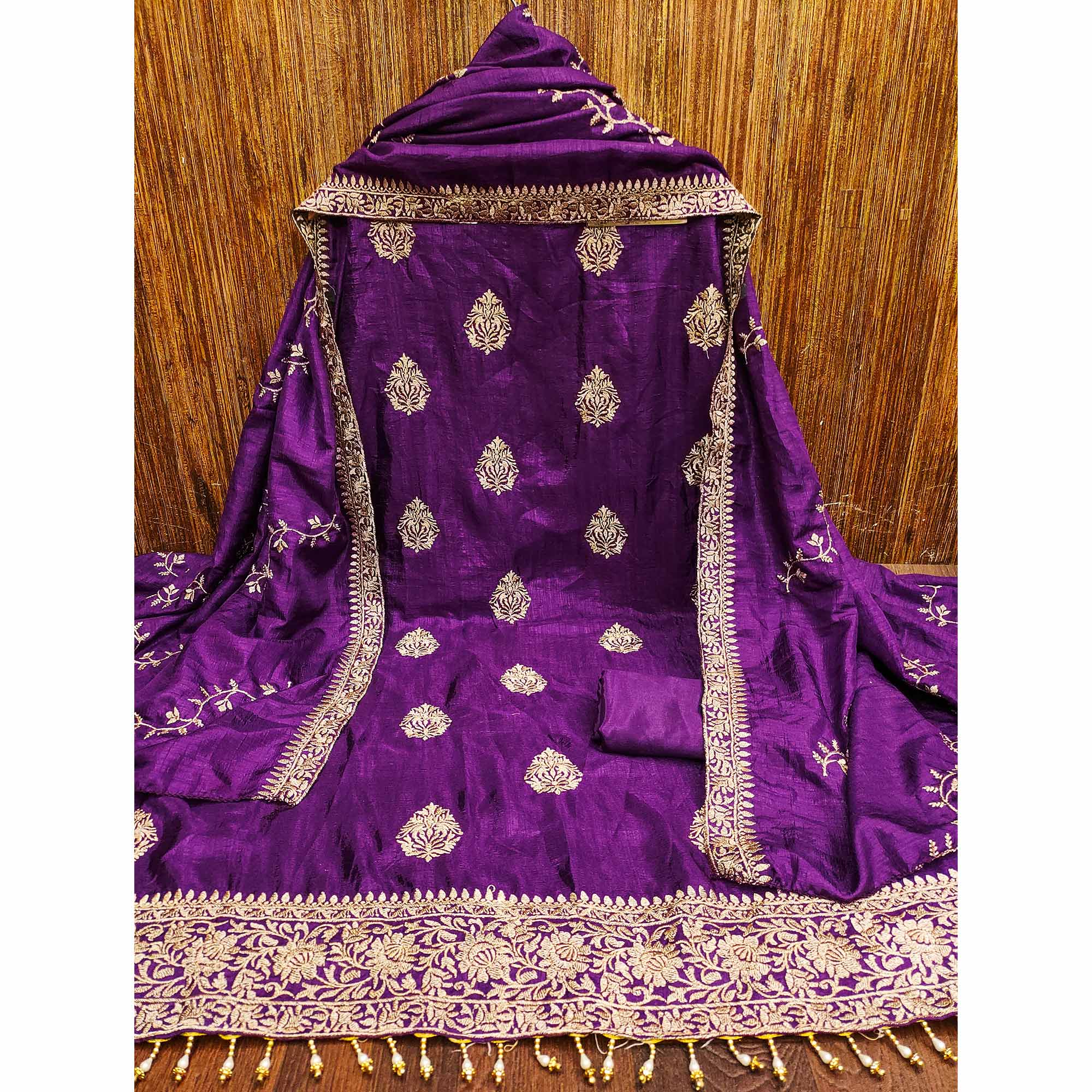 Purple Floral Embroidered Vichitra Silk Dress Material