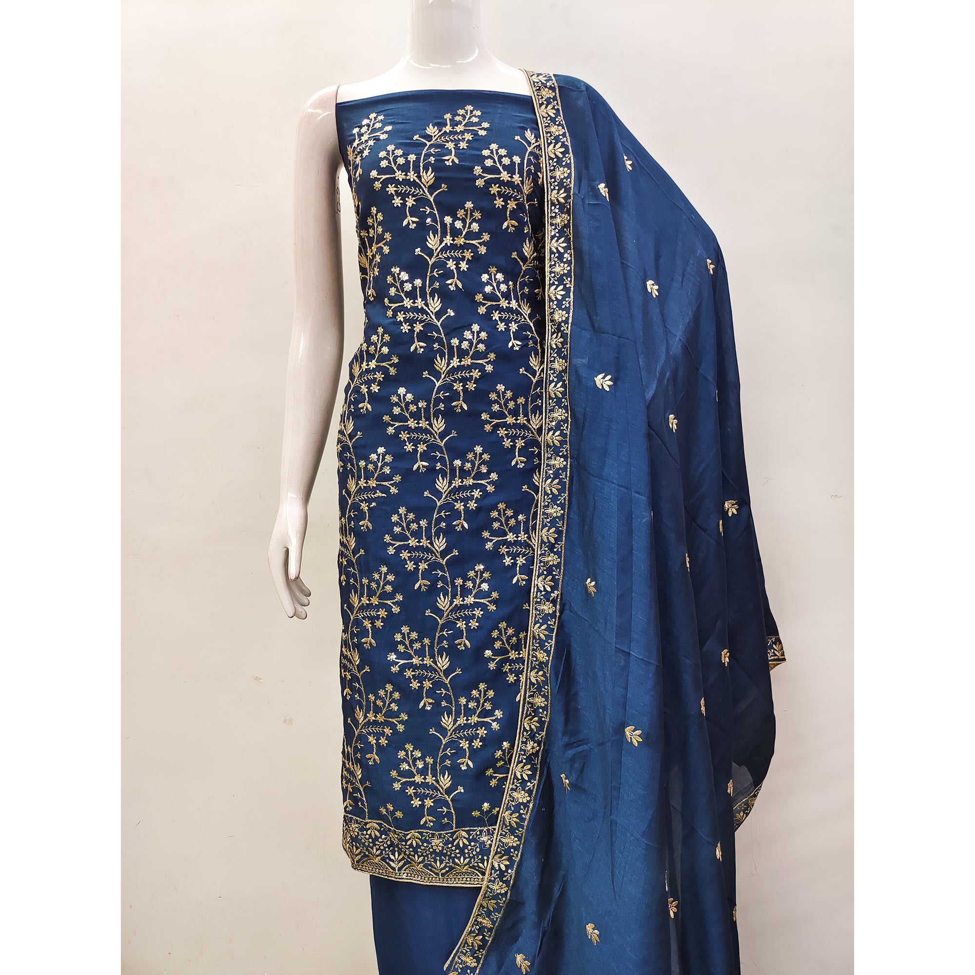 Blue Floral Embroidered Vichitra Silk Dress Material
