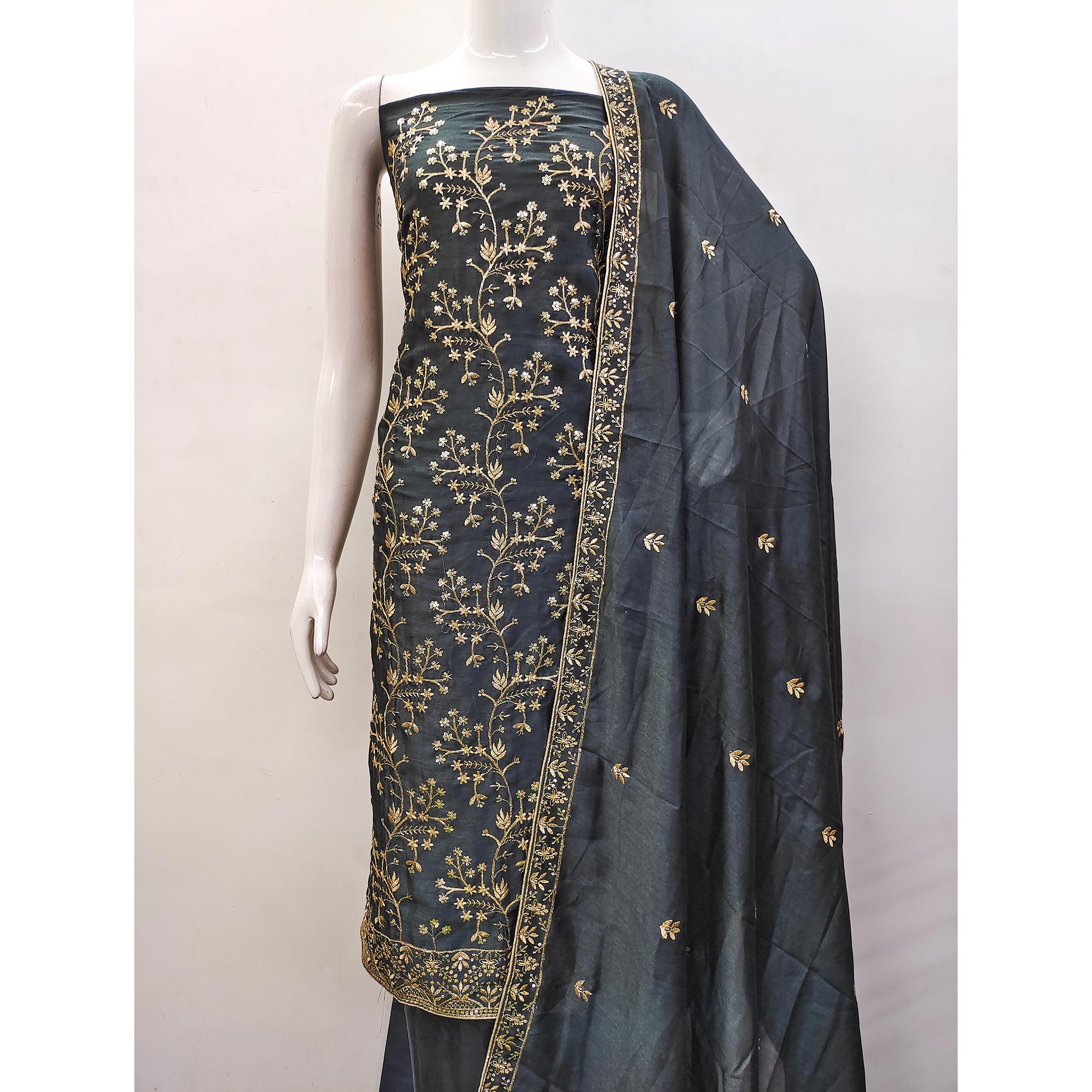 Grey Floral Embroidered Vichitra Silk Dress Material