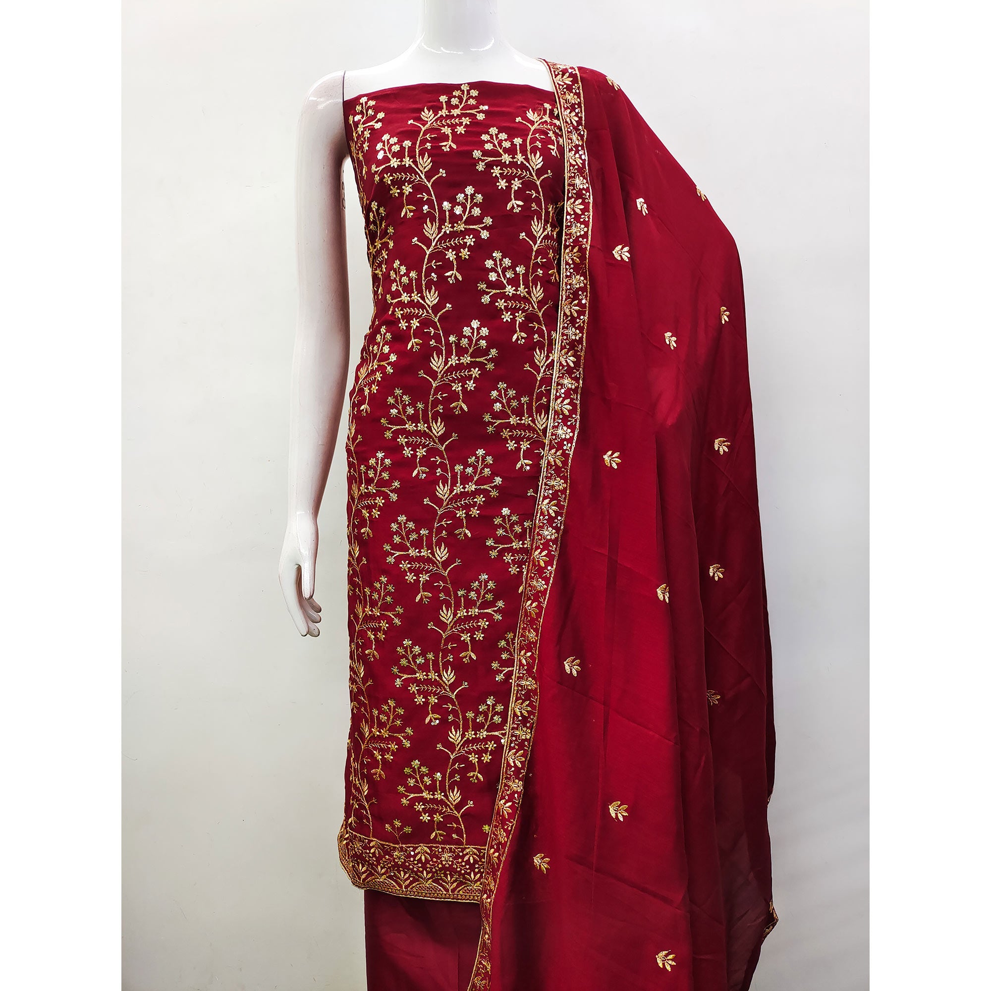 Maroon Floral Embroidered Vichitra Silk Dress Material