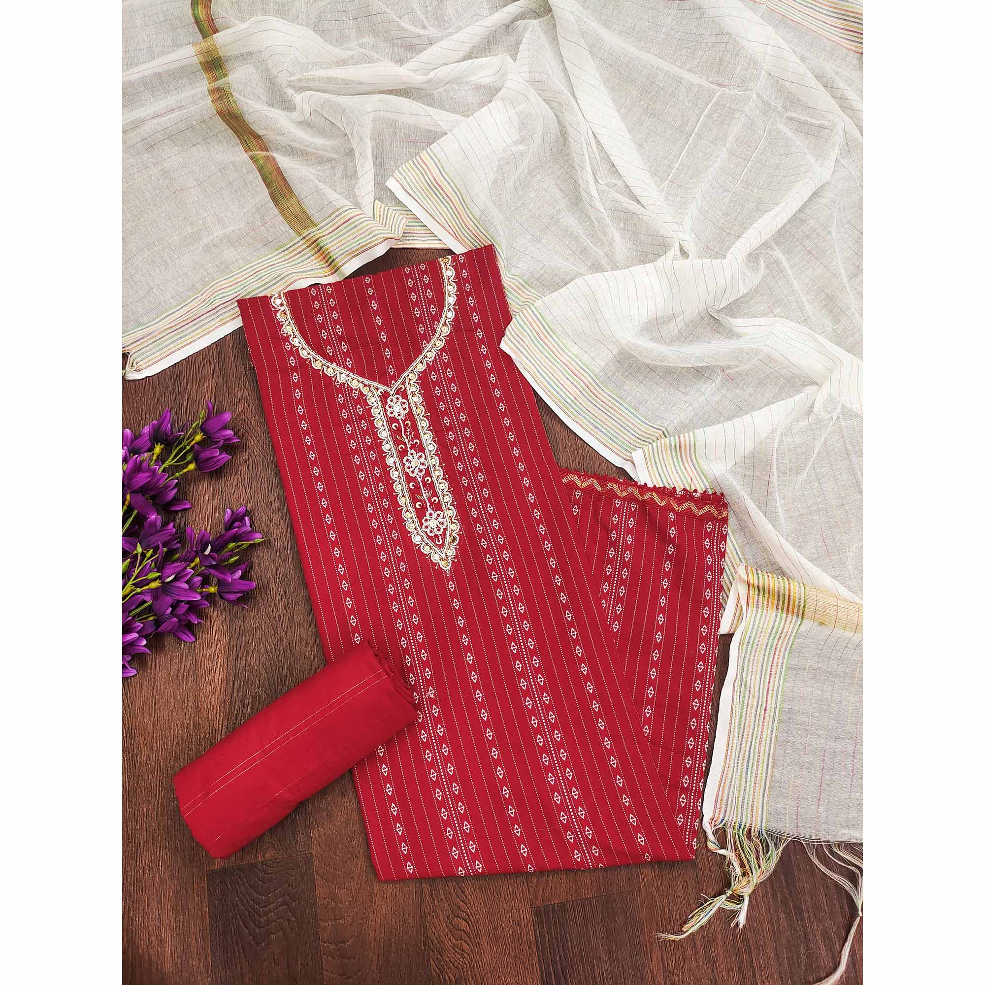 Red Woven With Handwork Cotton Blend Dress Material