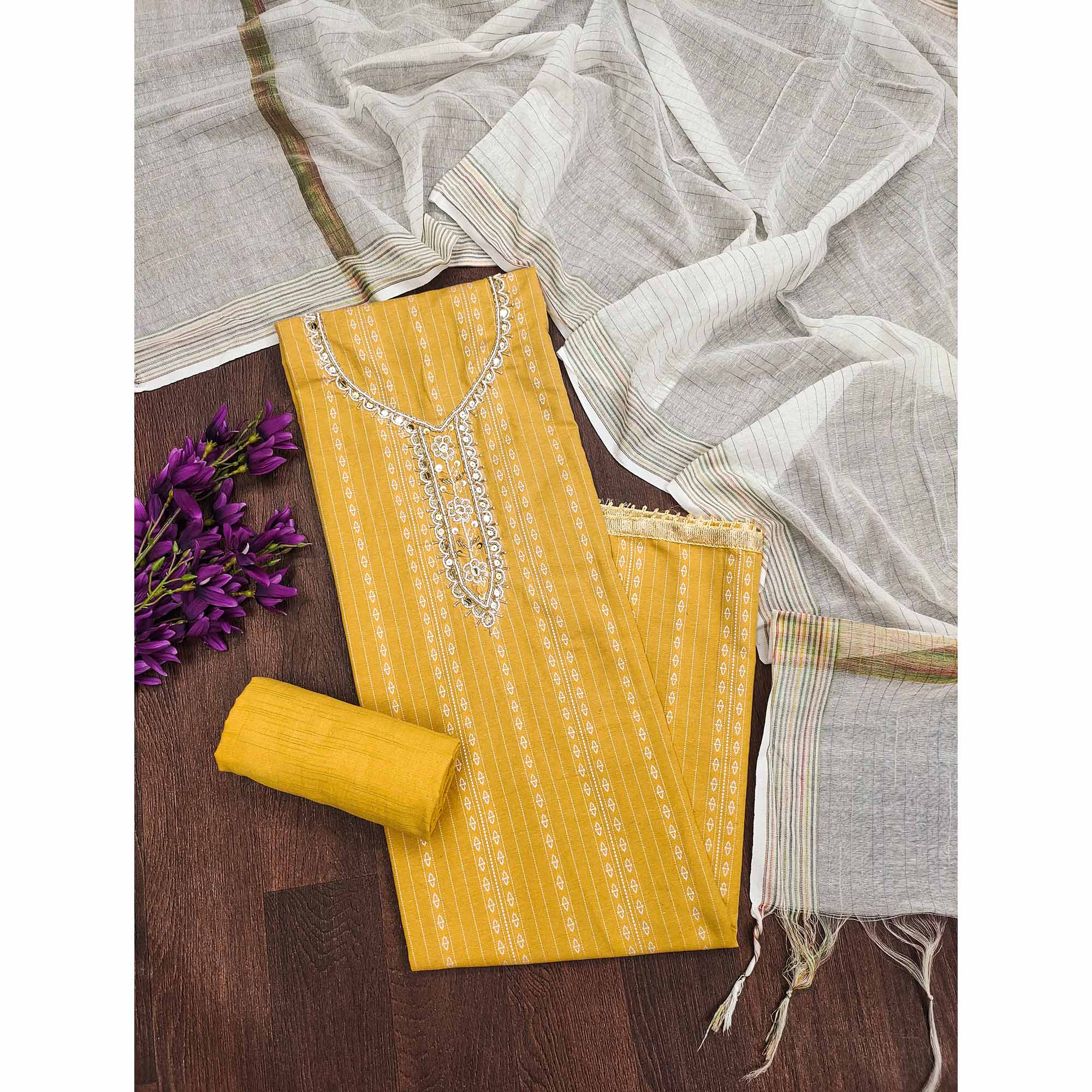 Yellow Woven With Handwork Cotton Blend Dress Material