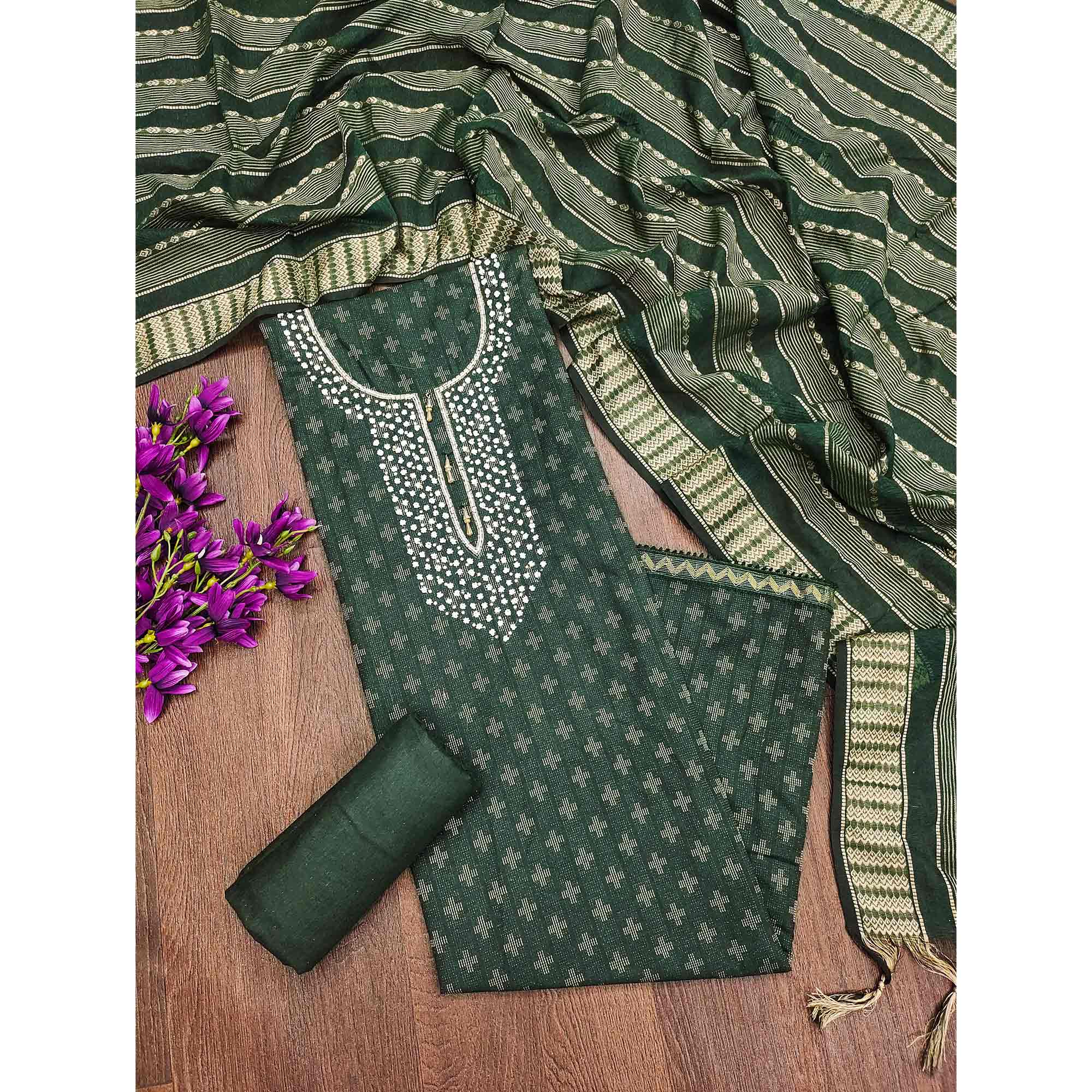 Green Woven With Handwork Cotton Blend Dress Material