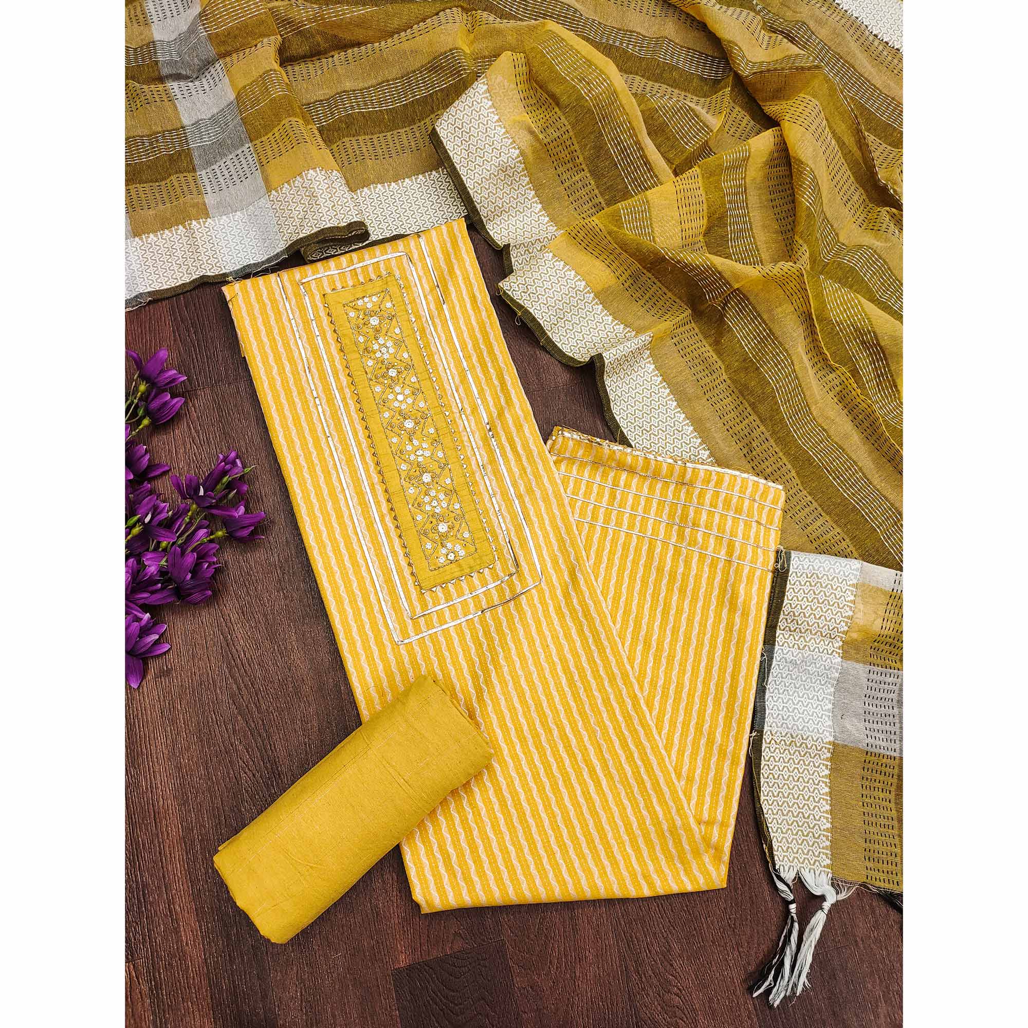 Yellow Woven With Handwork Cotton Blend Dress Material