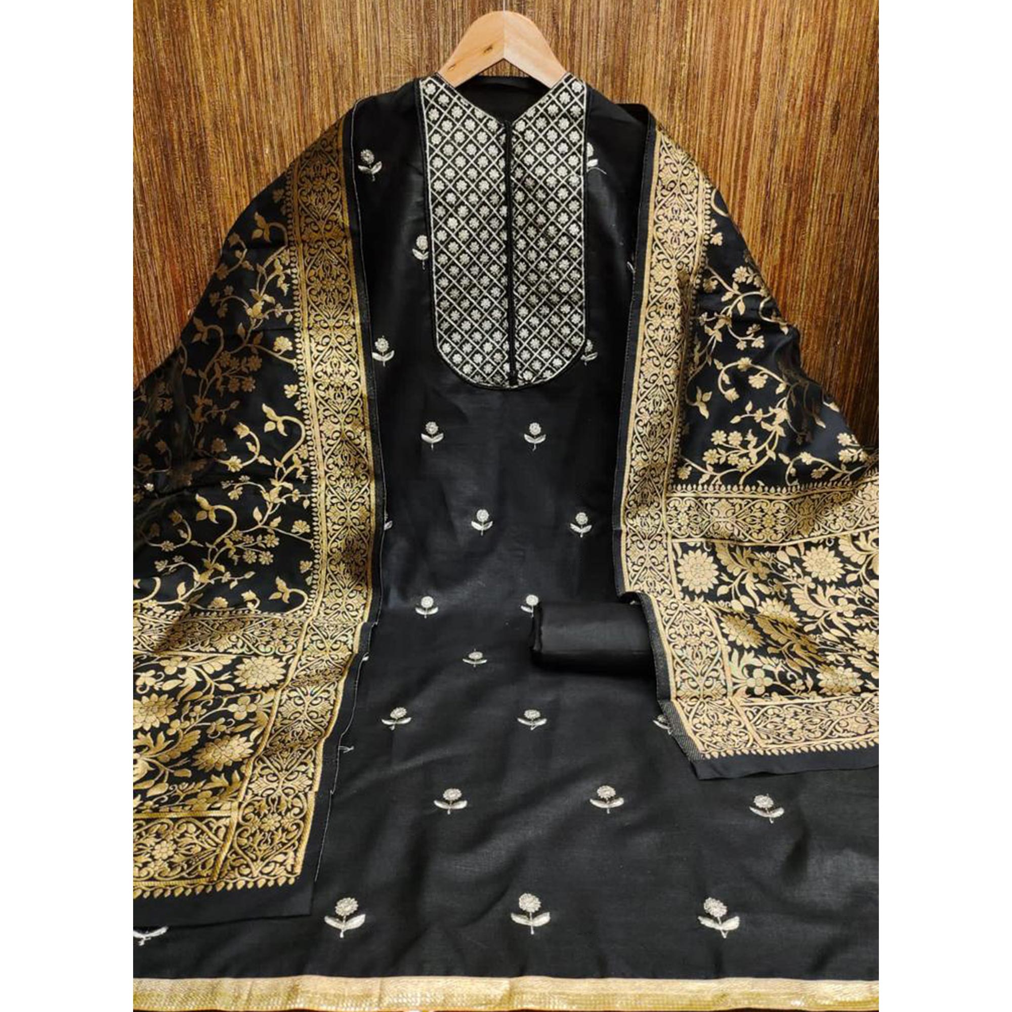 Black Floral Embroidered Cotton Blend Dress Material