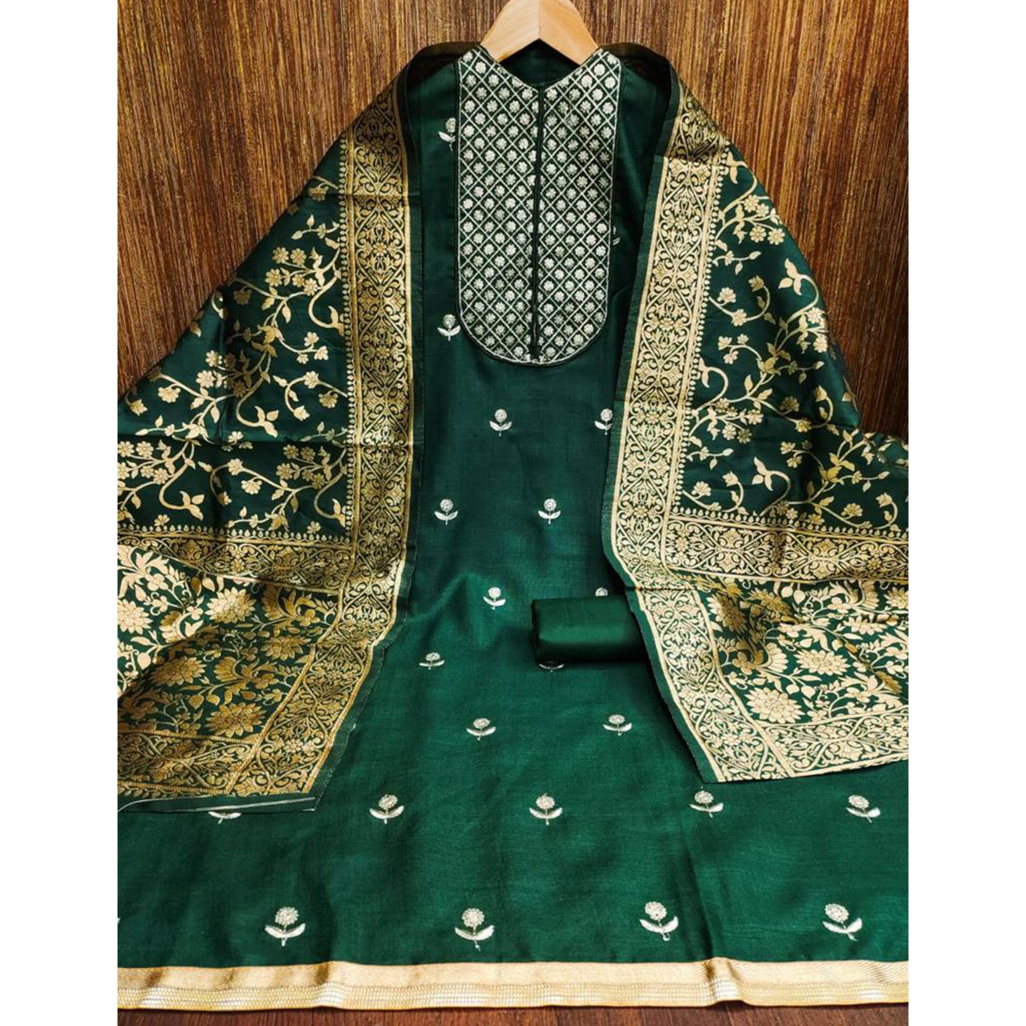 Green Floral Embroidered Cotton Blend Dress Material