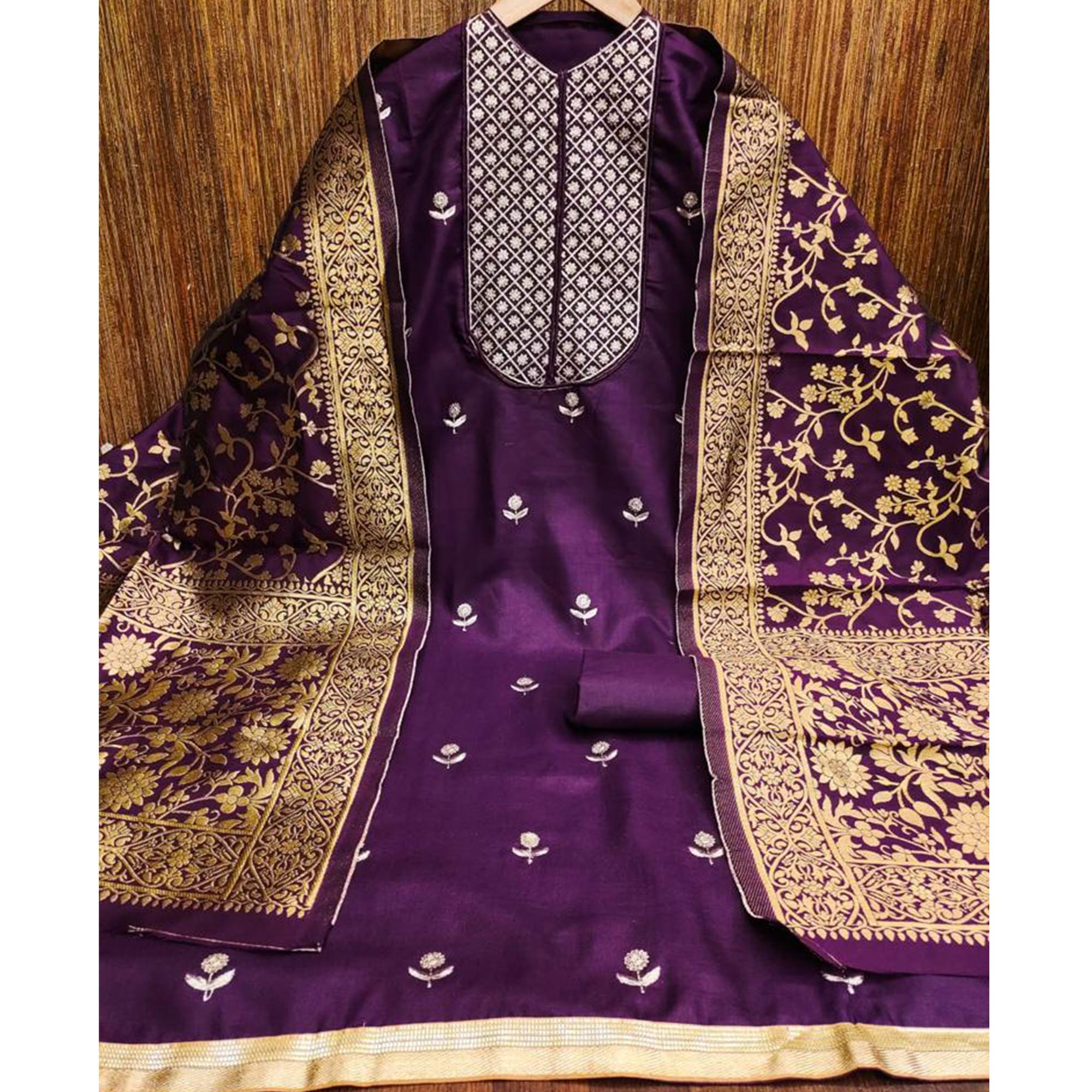 Purple Floral Embroidered Cotton Blend Dress Material