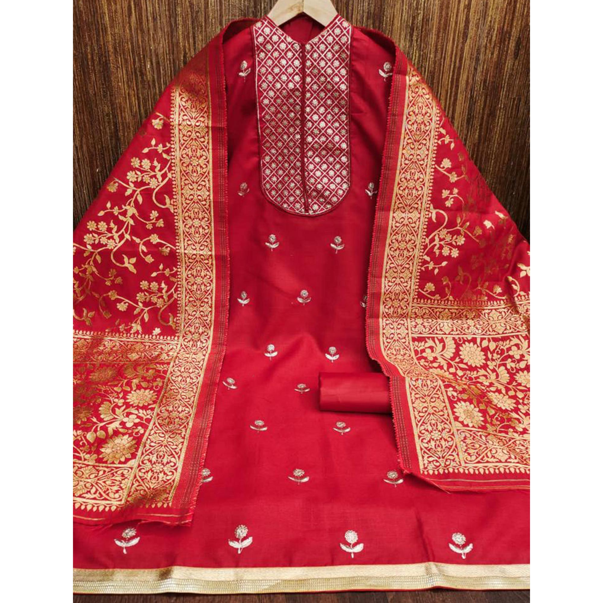 Red Floral Embroidered Cotton Blend Dress Material