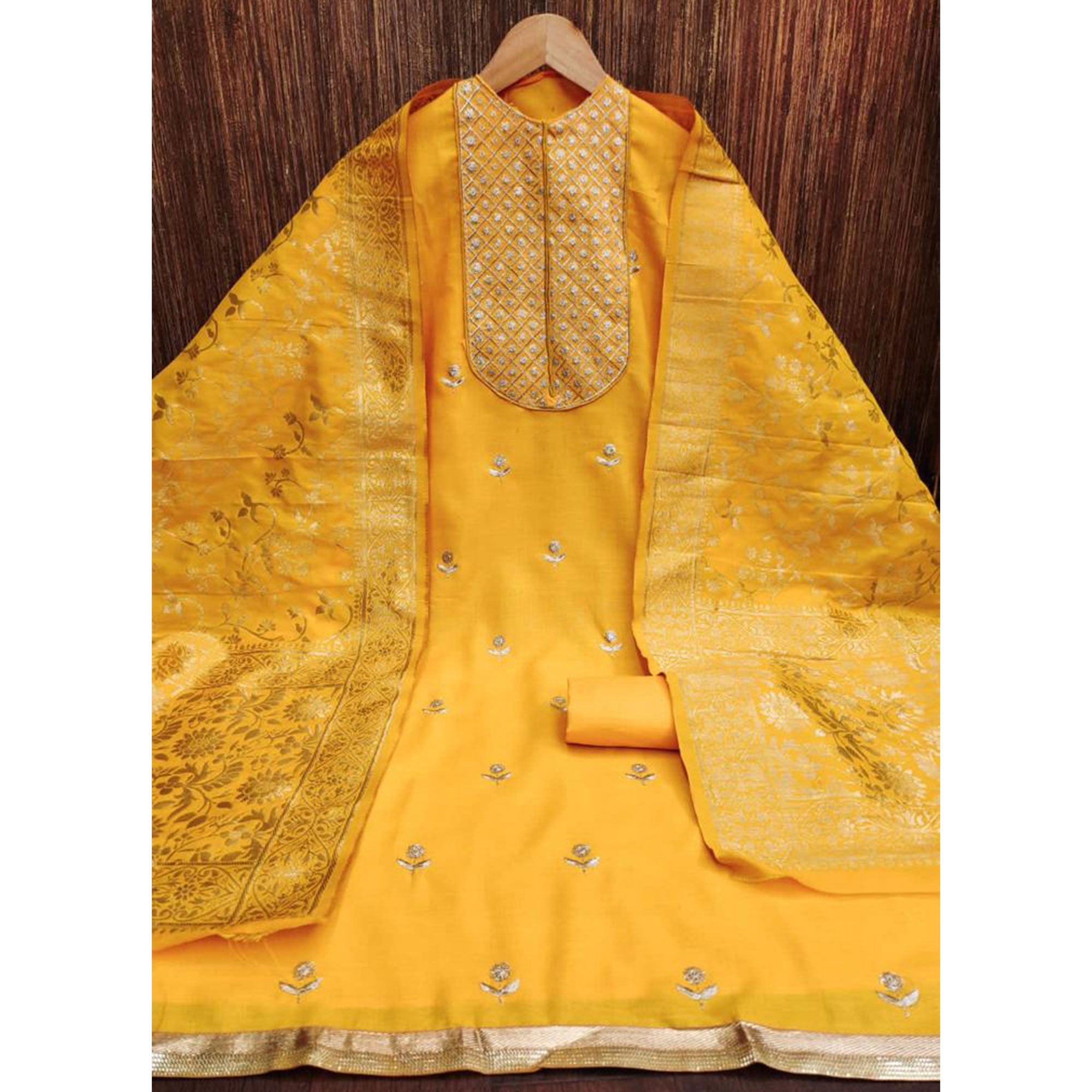 Yellow Floral Embroidered Cotton Blend Dress Material