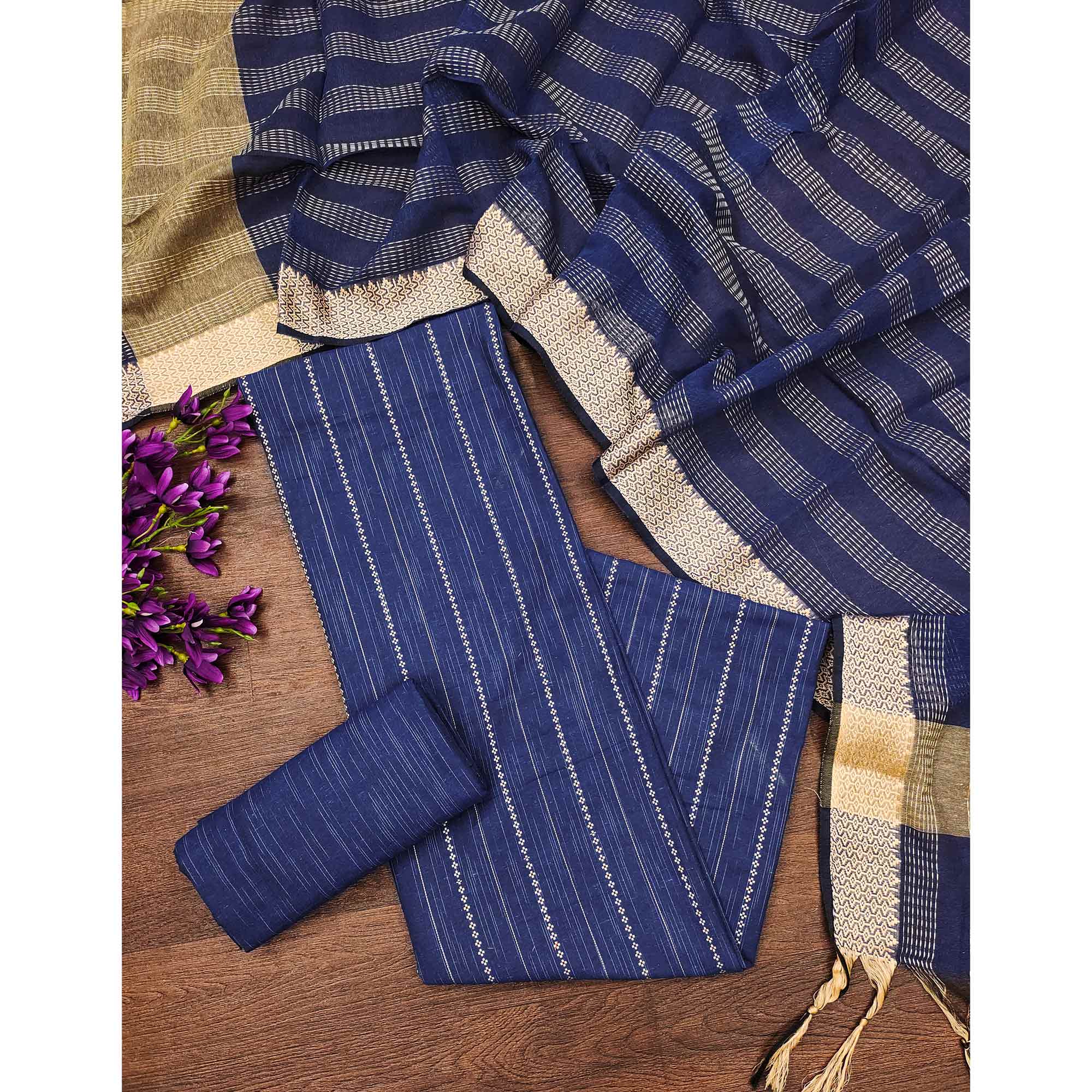 Royal Blue Woven Cotton Blend Dress Material