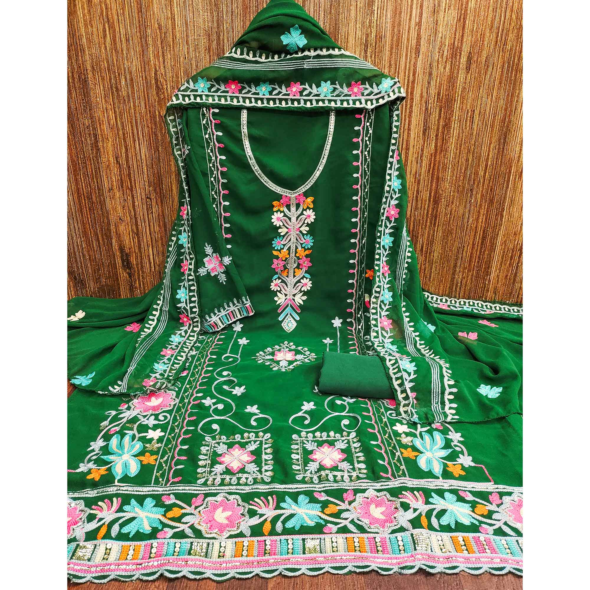 Dark Green Floral Sequins Embroidered Georgette Dress Material