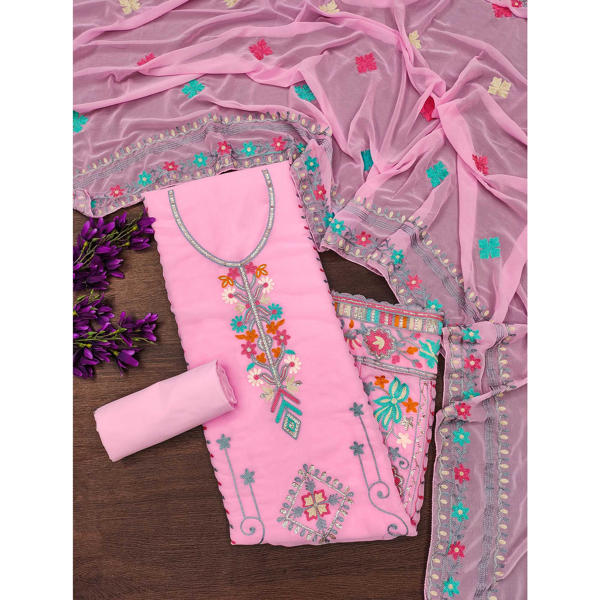 Pink Floral Sequins Embroidered Georgette Dress Material