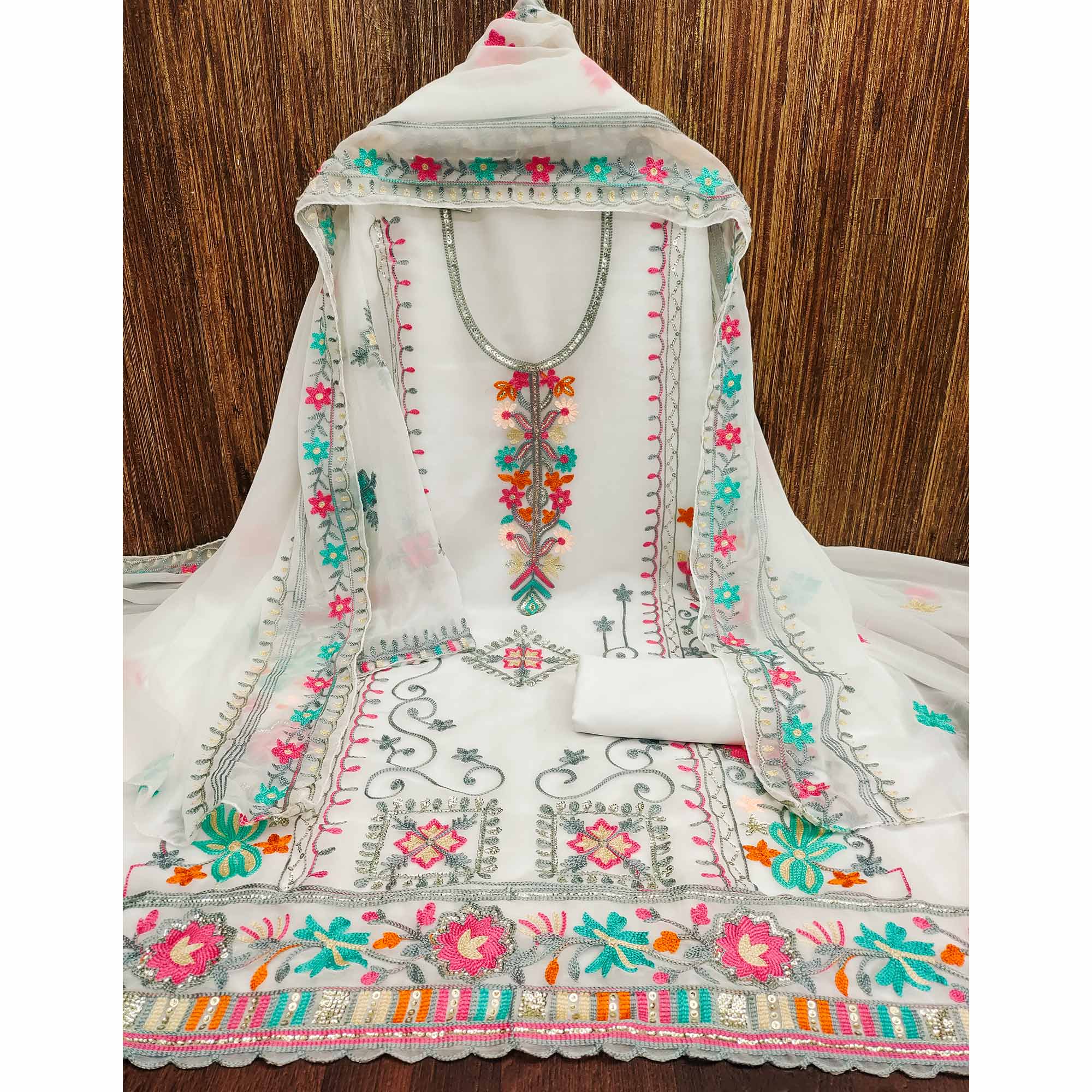 White Floral Sequins Embroidered Georgette Dress Material