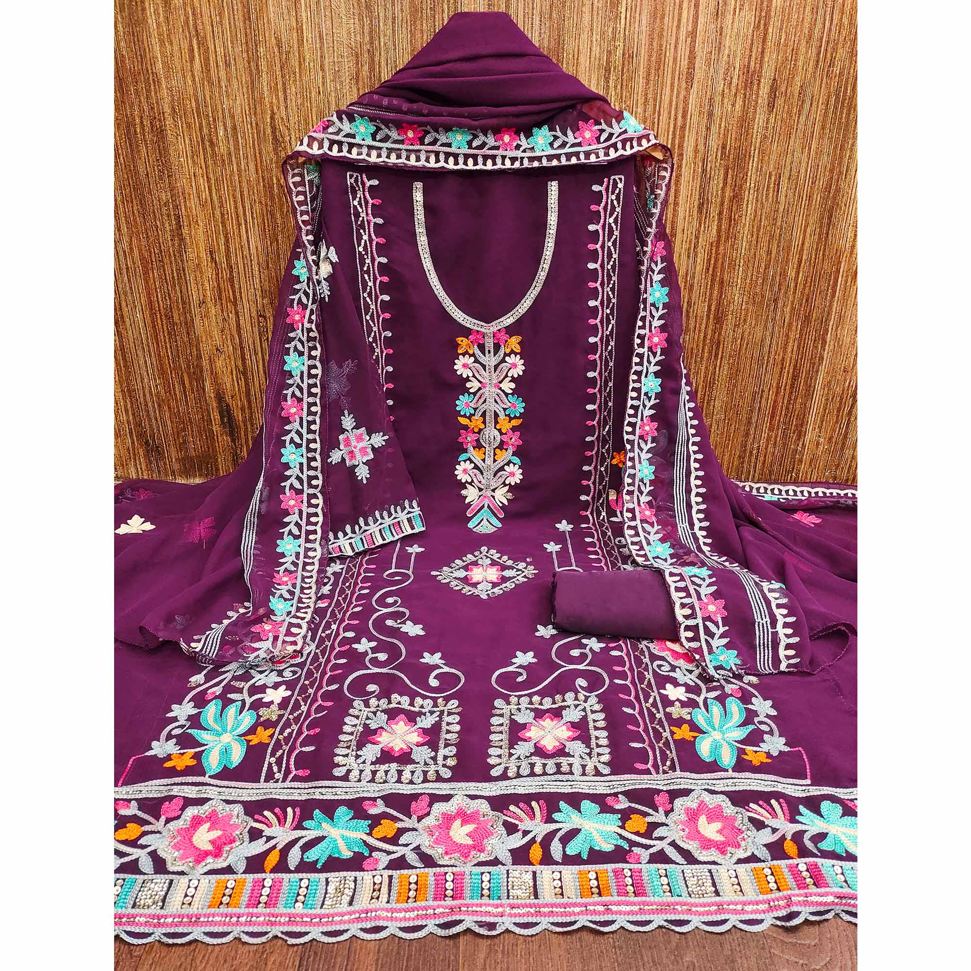 Wine Floral Sequins Embroidered Georgette Dress Material