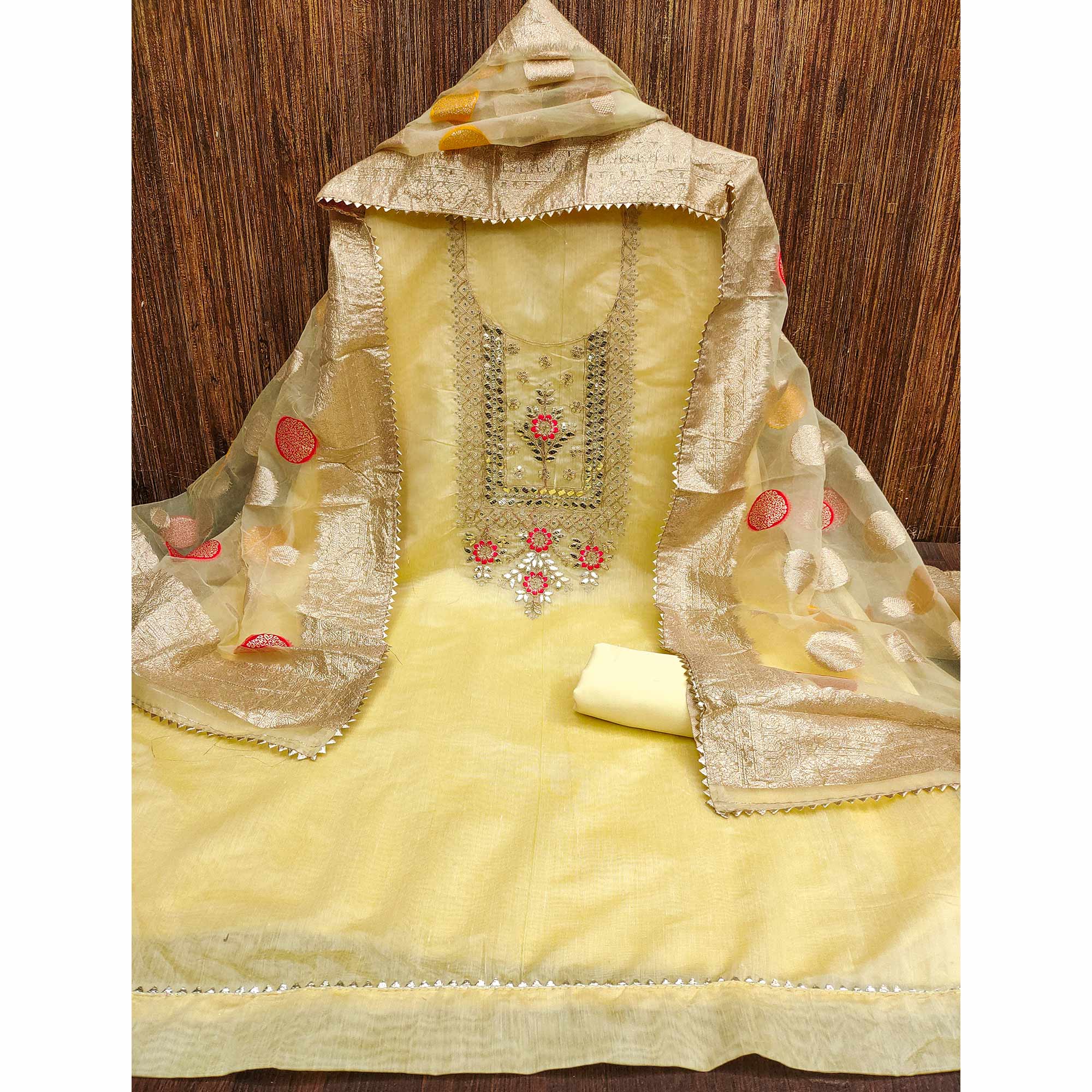 Yellow Floral Sequins Embroidered Chanderi Dress Material