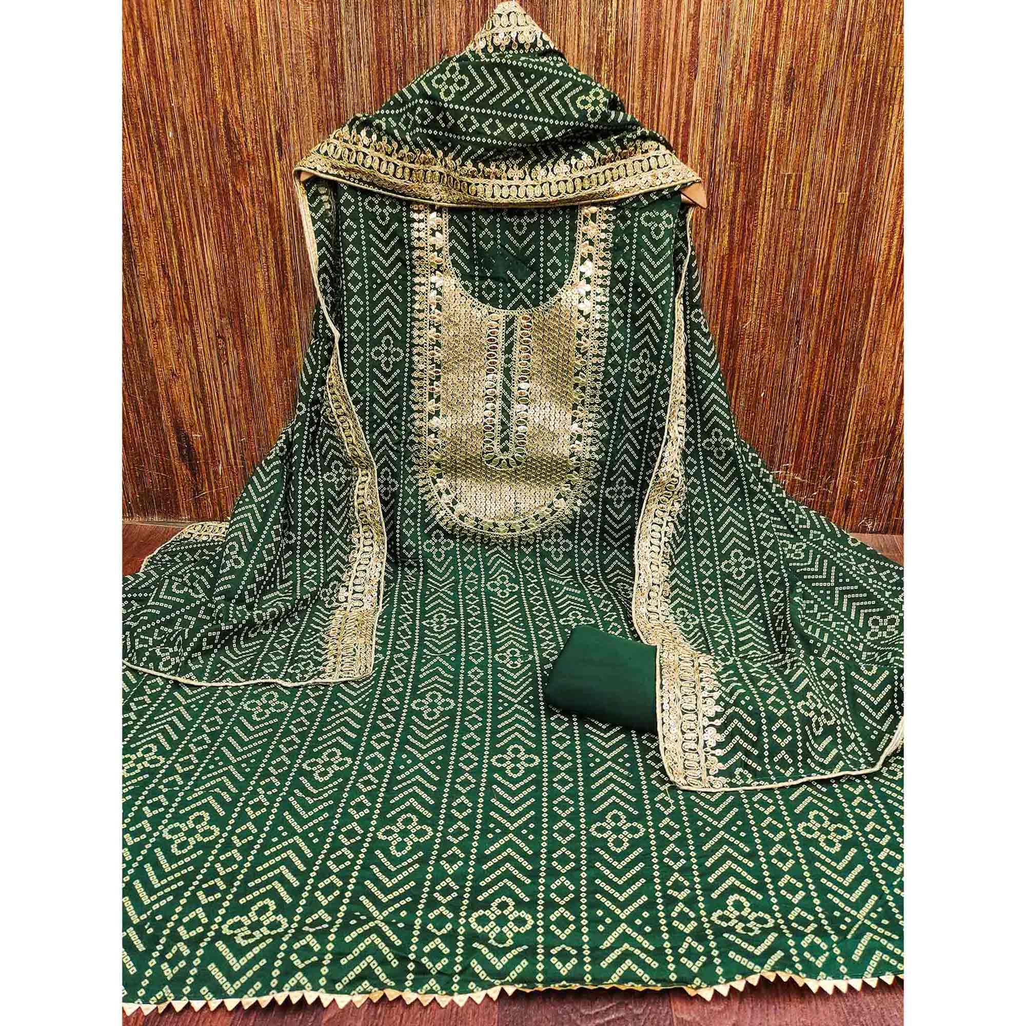 Green Bandhani Printed With Sequins Work Bhagalpuri Silk Dress Material