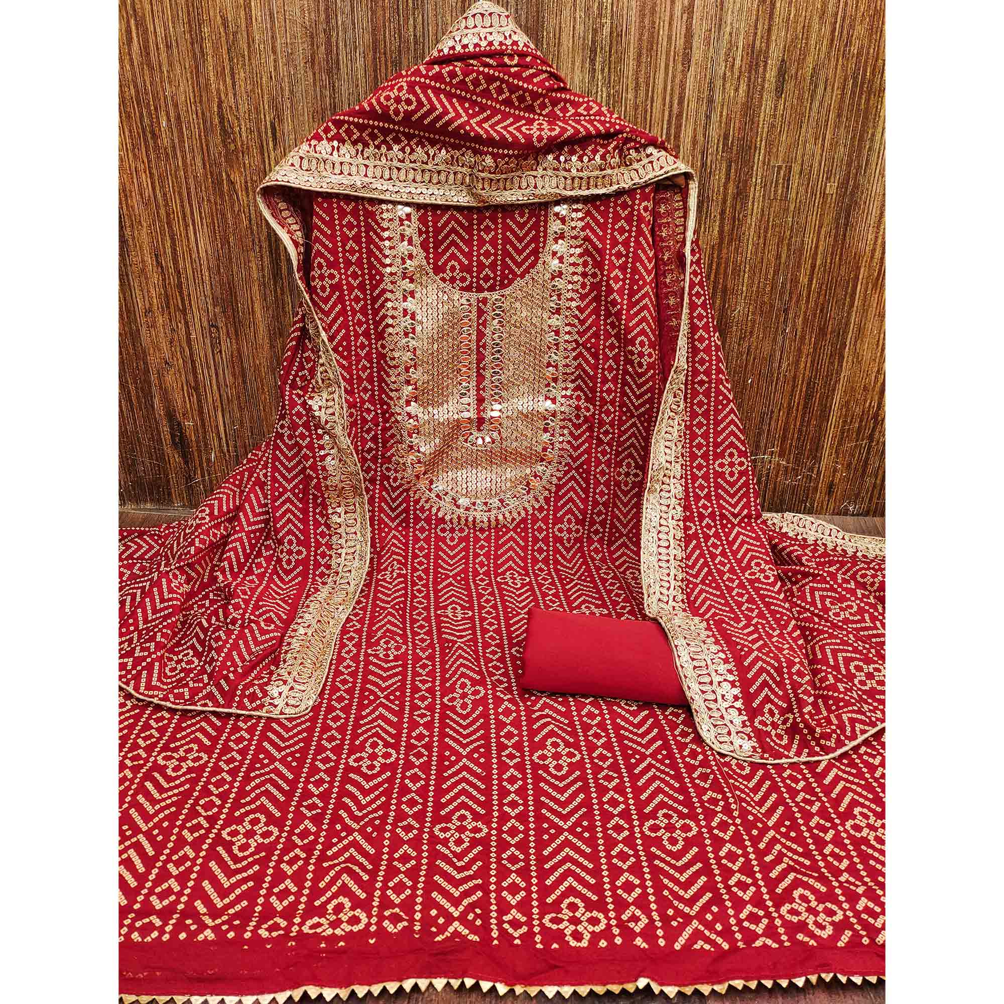 Red Bandhani Printed With Sequins Work Bhagalpuri Silk Dress Material