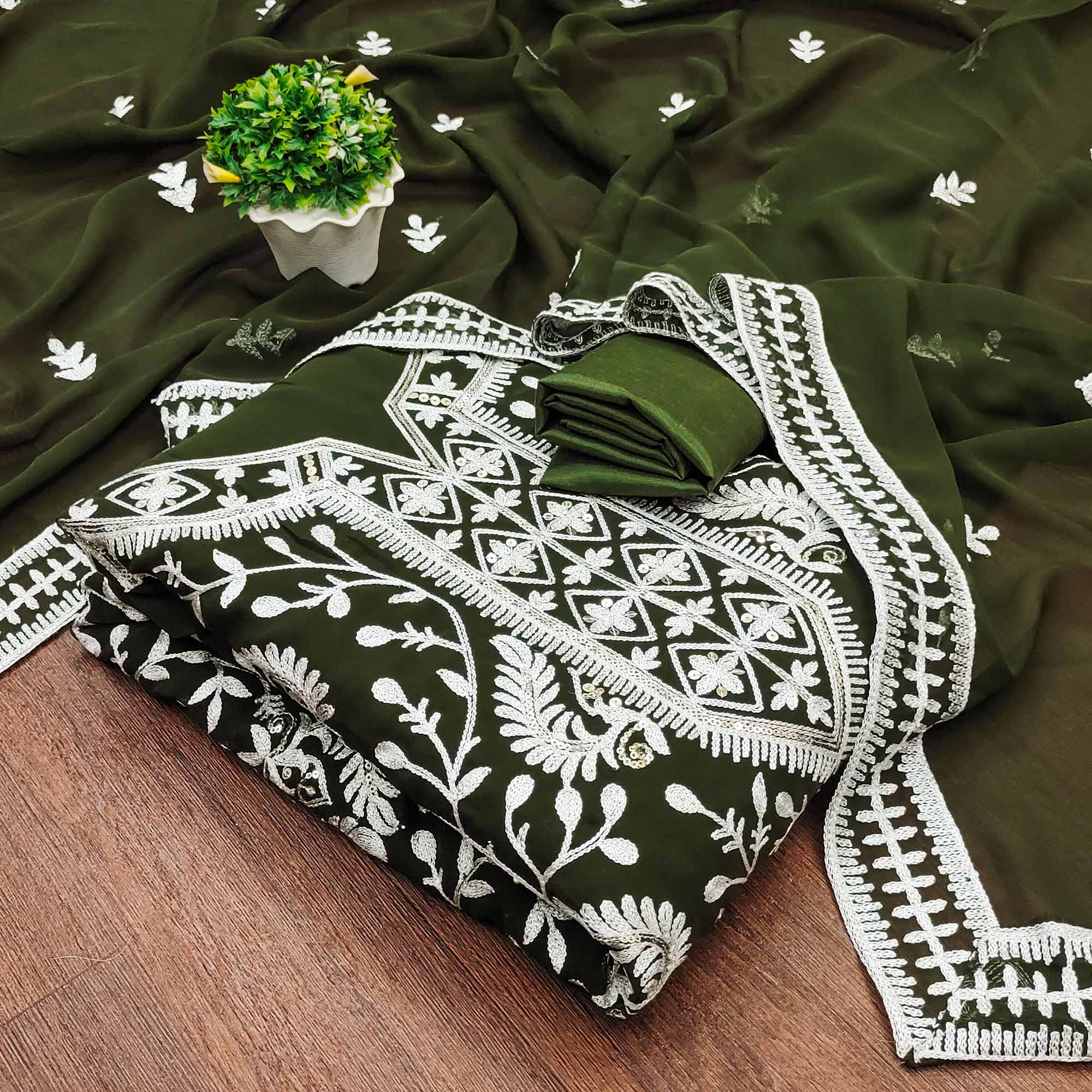 Mehendi Green Floral Sequins Embroidered Georgette Dress Material