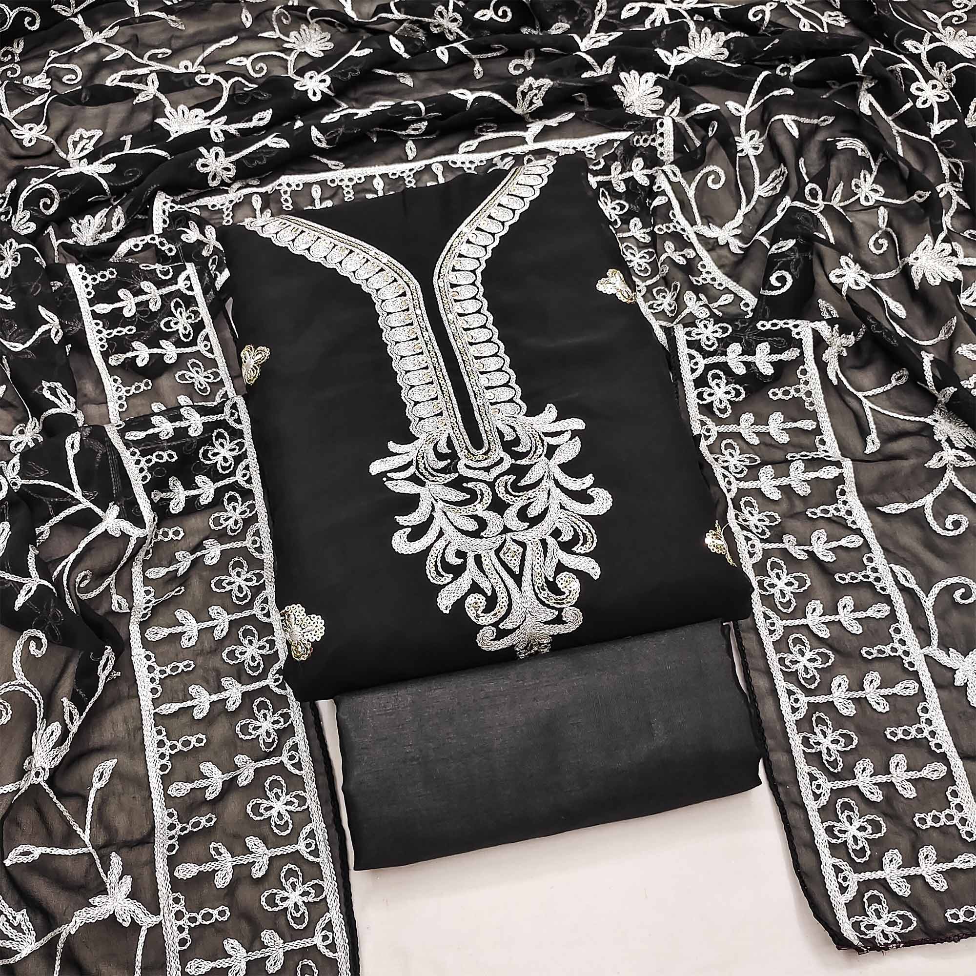 Black Floral Sequins Embroidered Georgette Dress Material