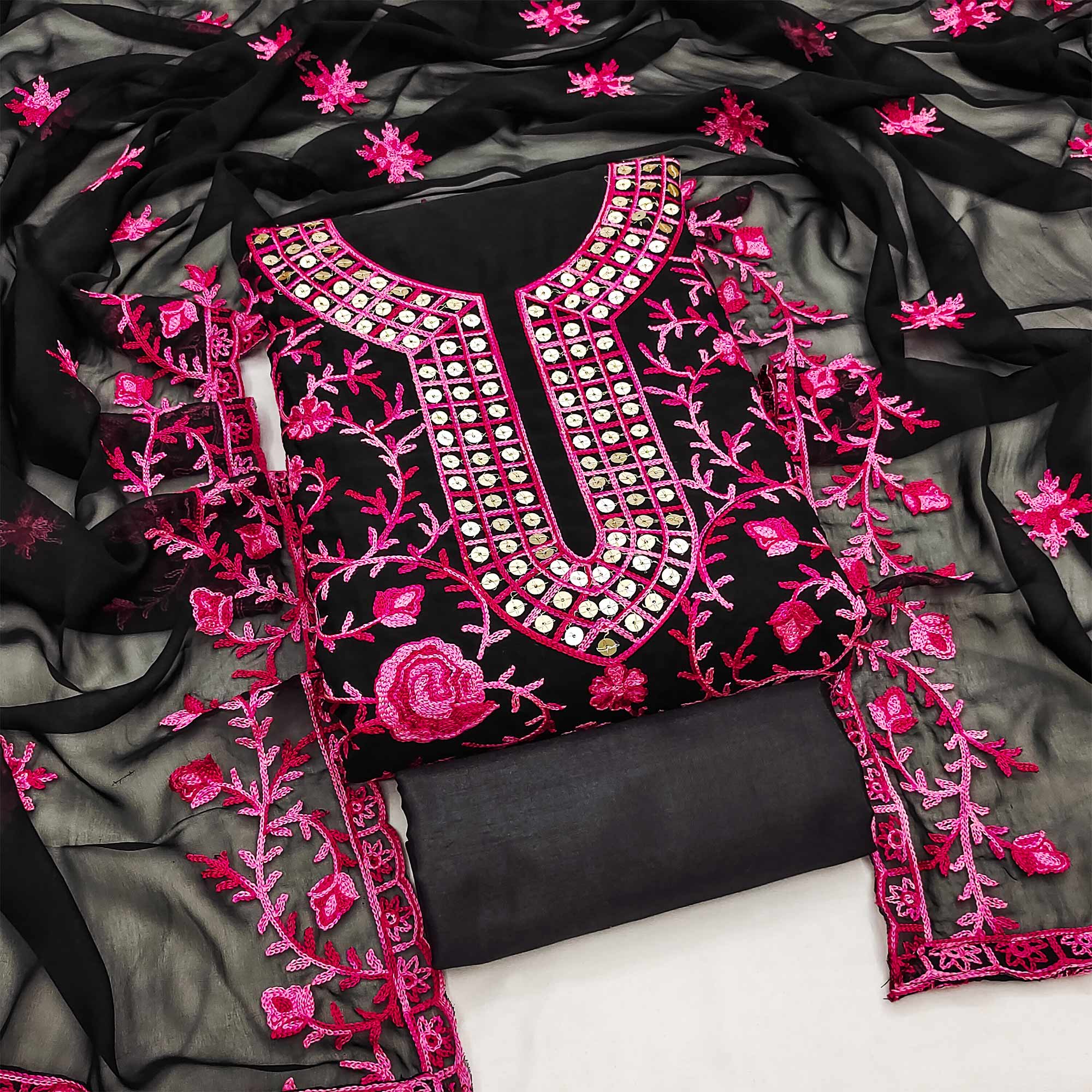 Black & Gajari Pink Floral Sequins Embroidered Georgette Dress Material