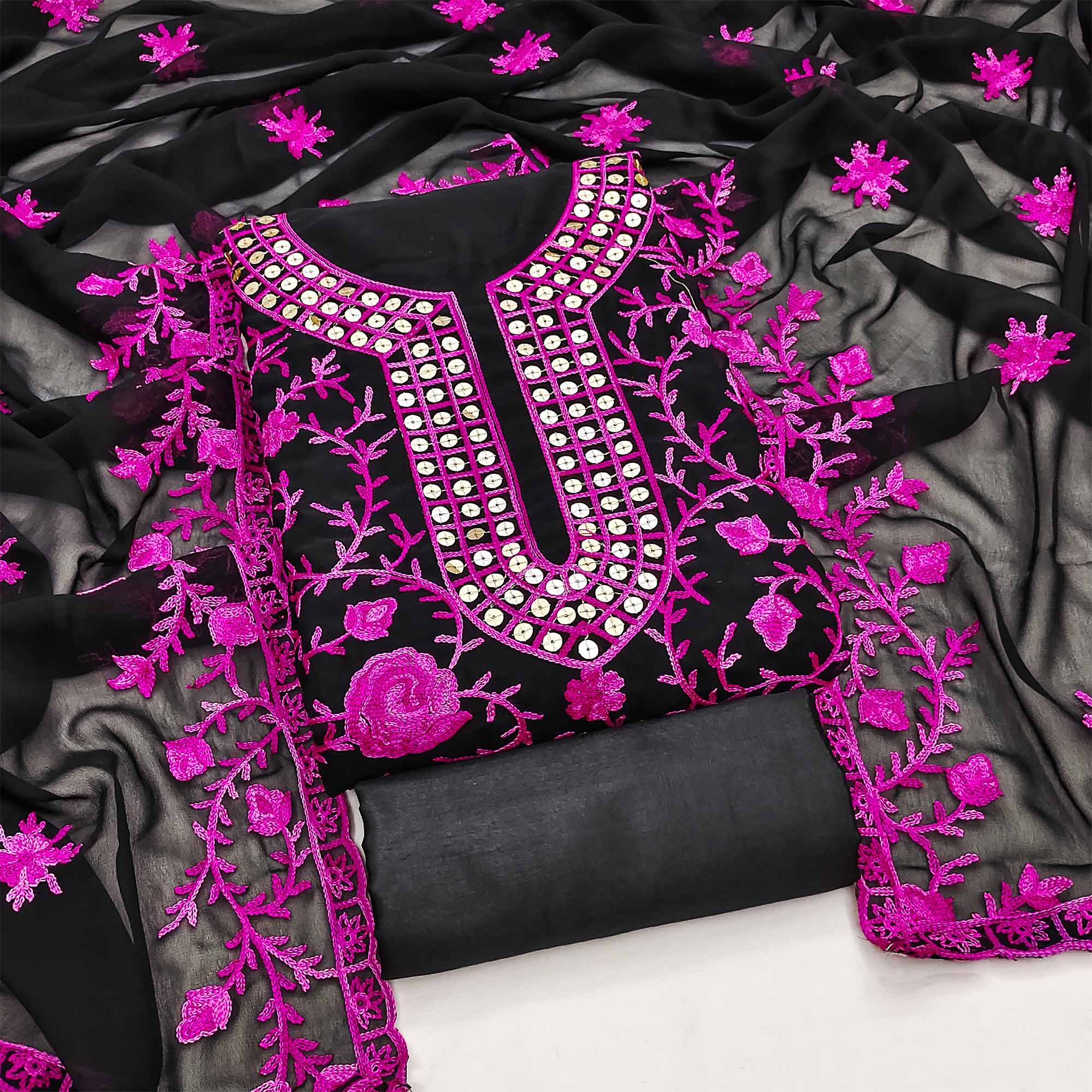 Black & Pink Floral Sequins Embroidered Georgette Dress Material