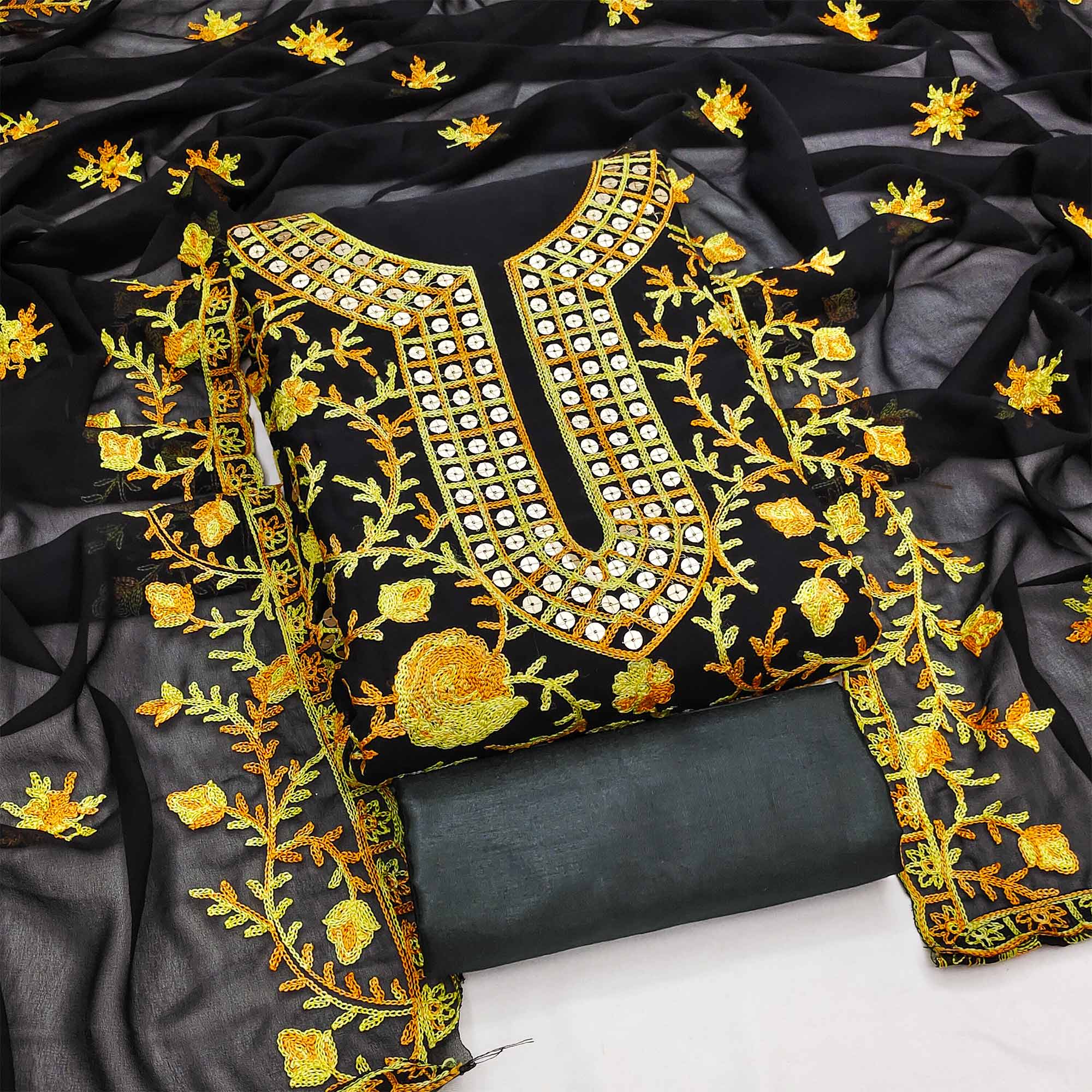 Black & Yellow Floral Sequins Embroidered Georgette Dress Material