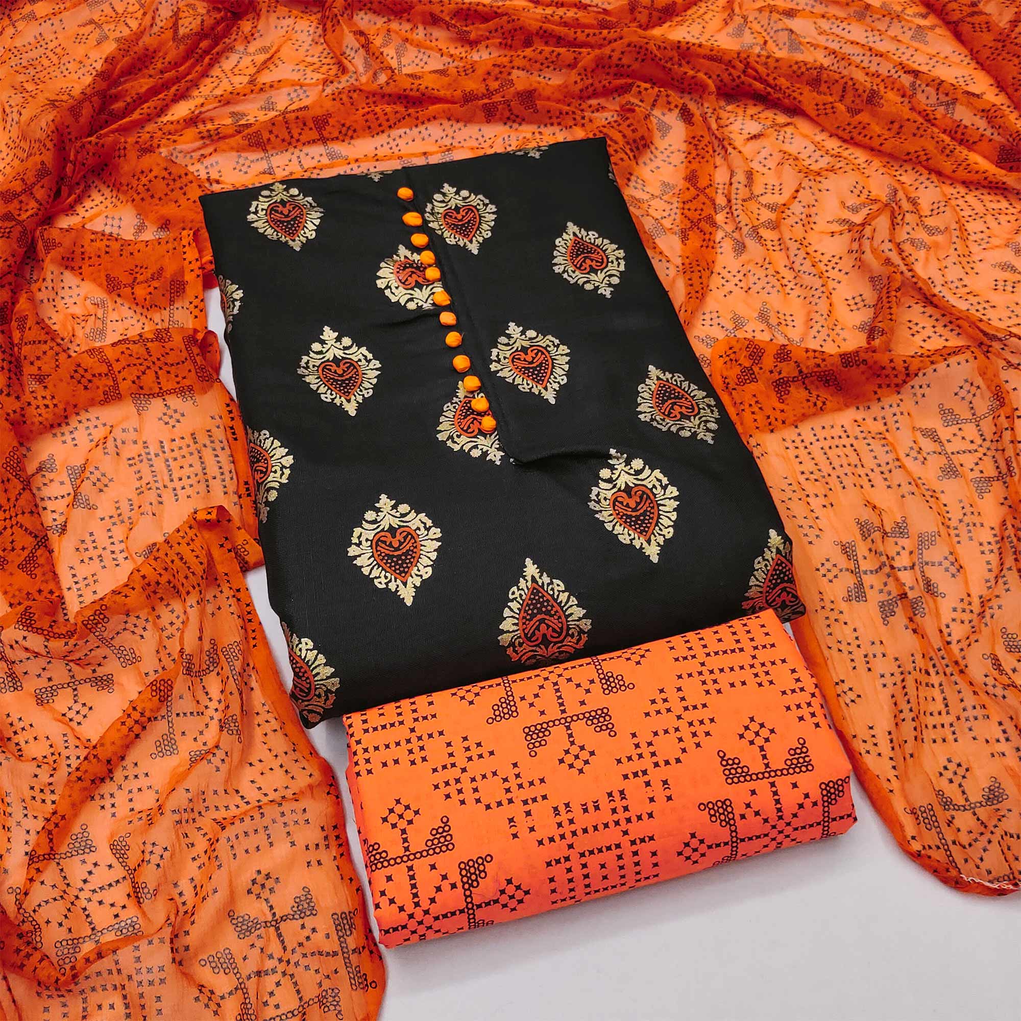 Black & Orange Printed Cotton Blend Dress Material