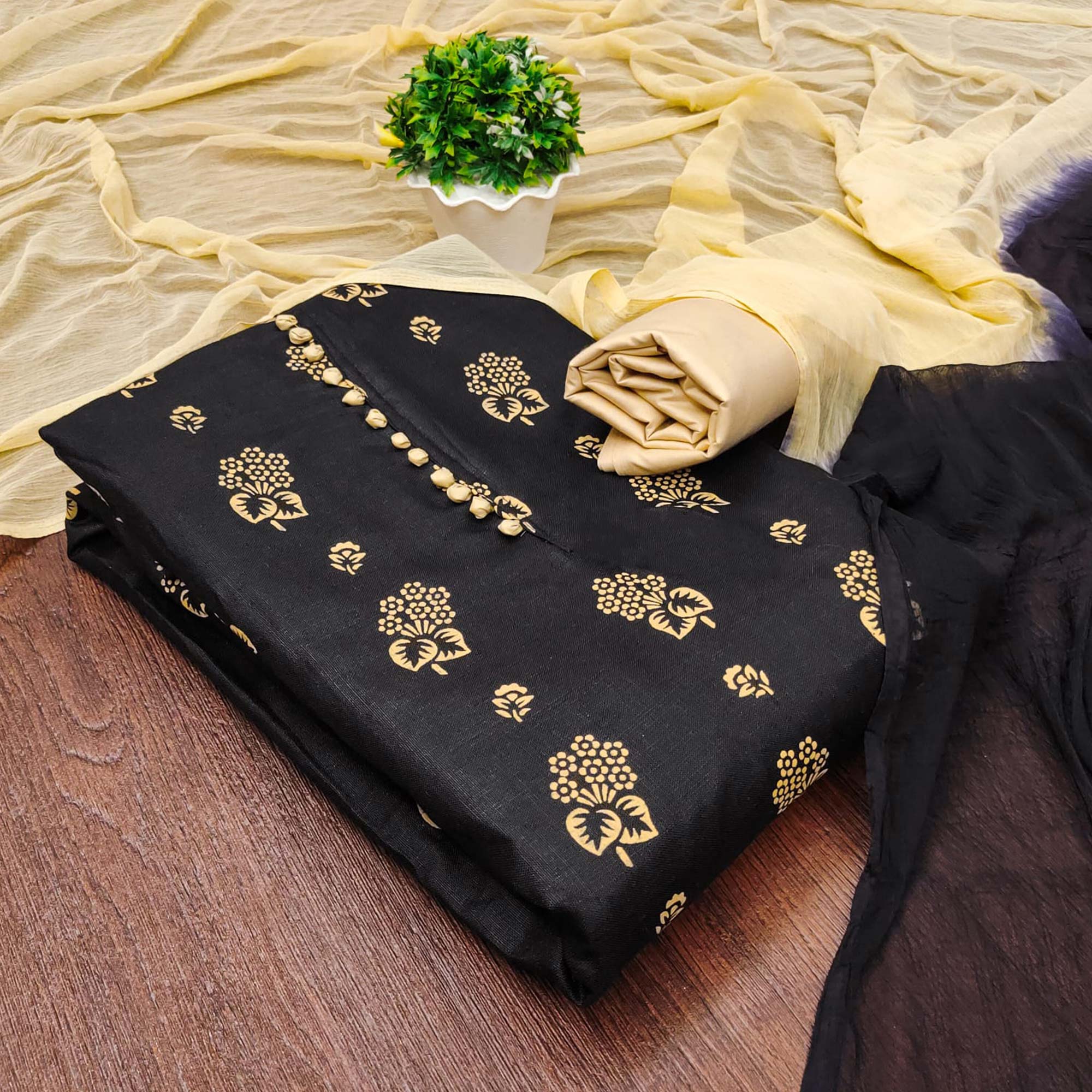 Black Floral Foil Printed Cotton Blend Dress Material