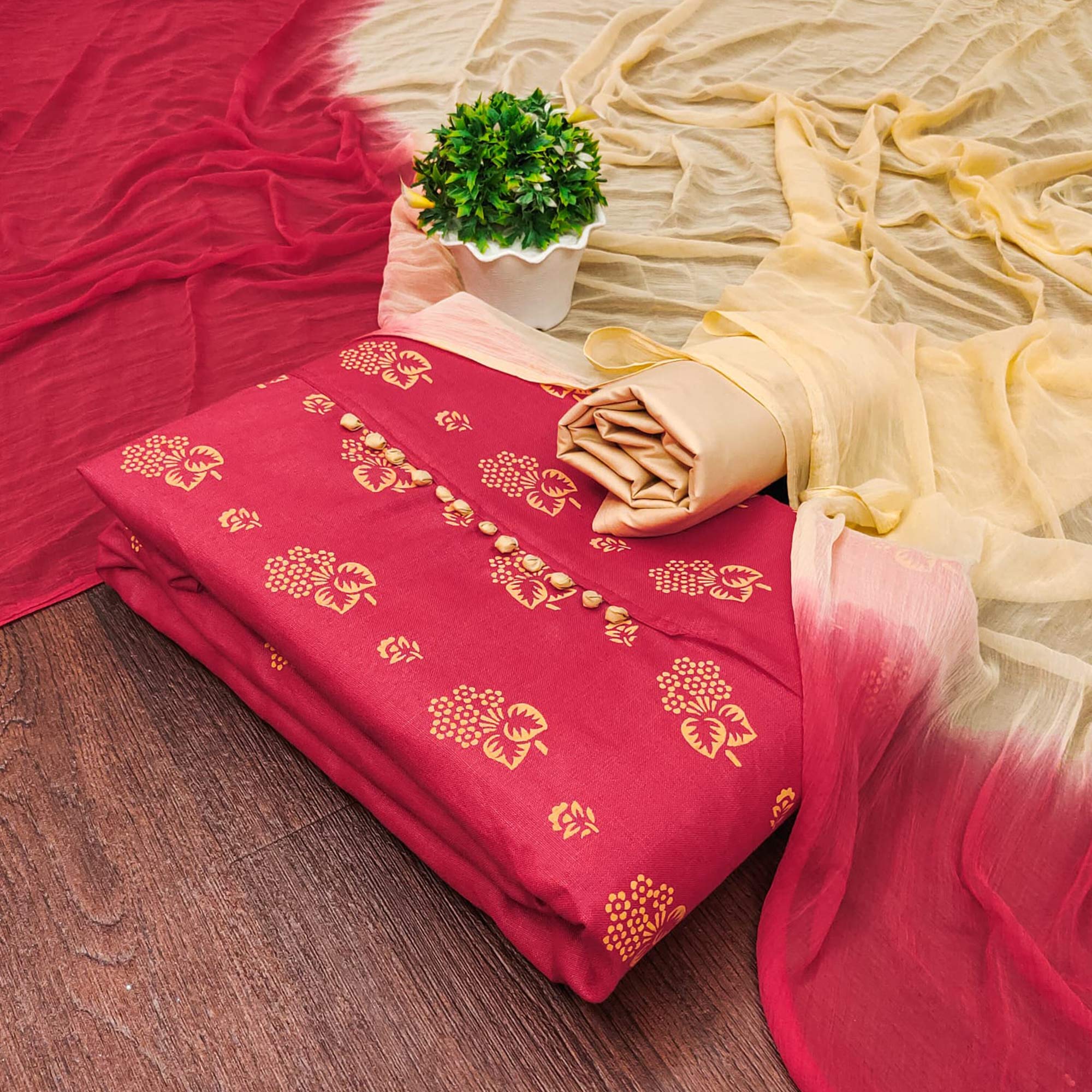 Pink Floral Foil Printed Cotton Blend Dress Material