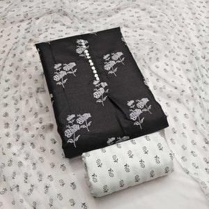 Black Cotton Blend Fabric Featuring Subtle and Elegant Floral Prints