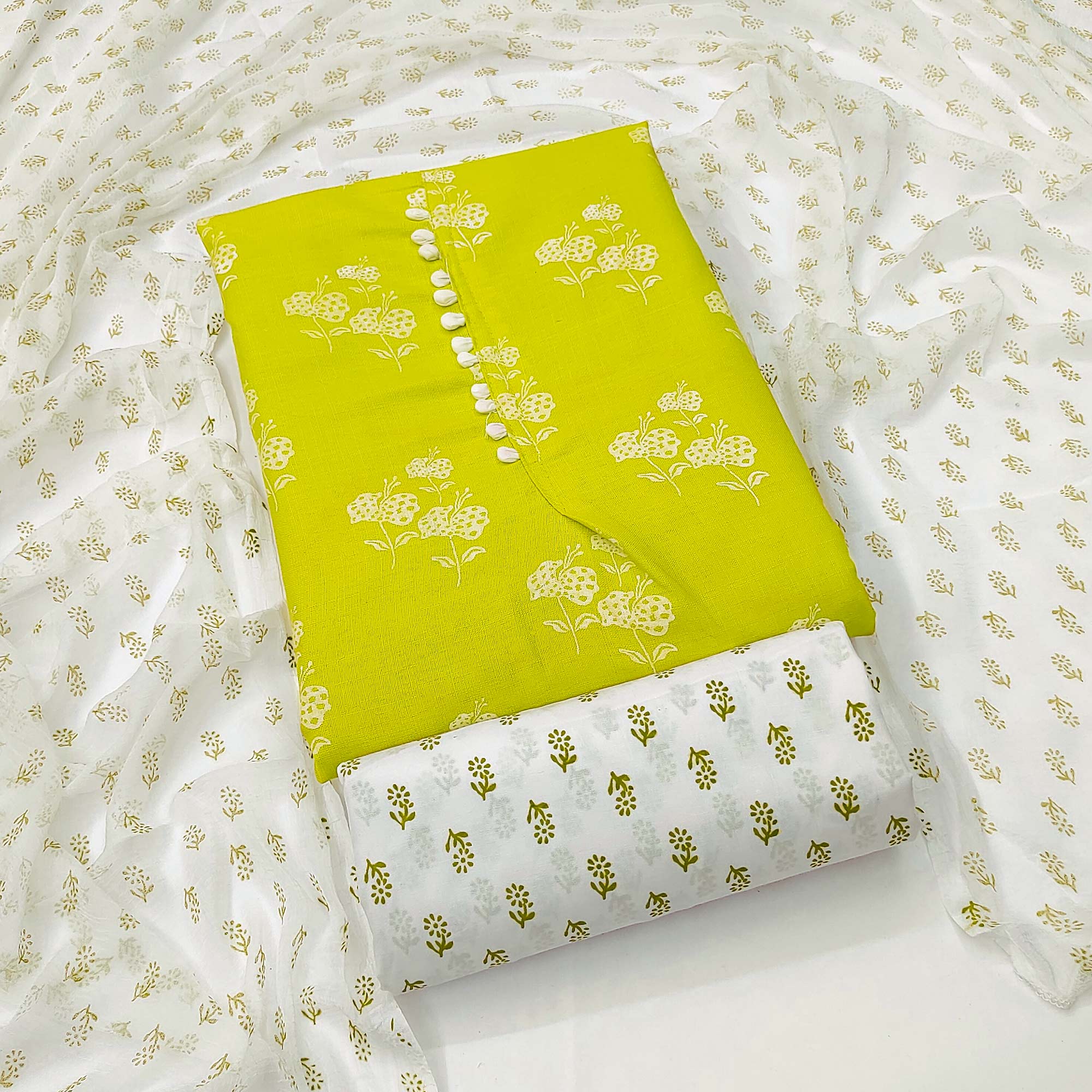 Green Cotton Blend Floral Printed Dress Material