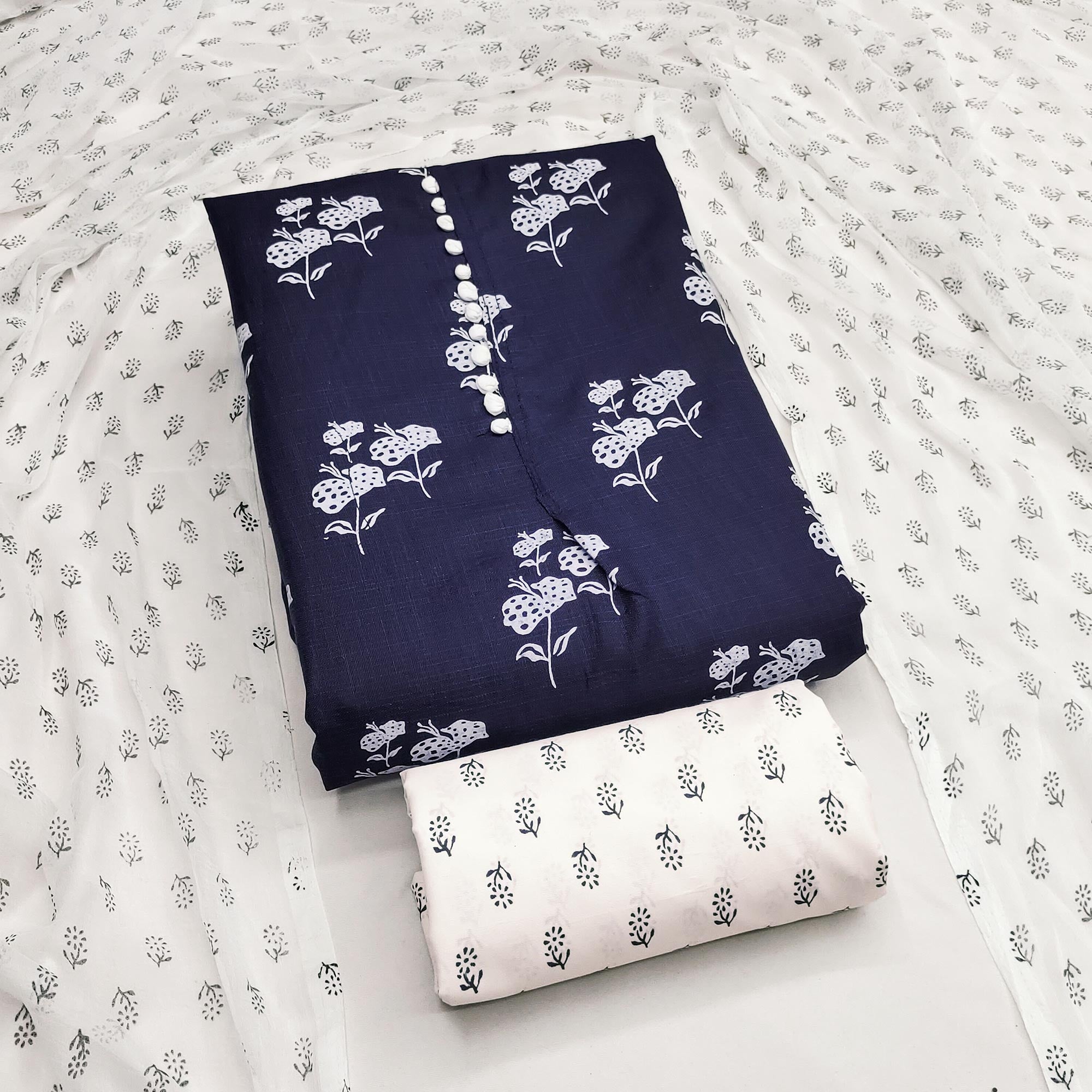 Navy Blue Cotton Blend Fabric Featuring Subtle and Elegant Floral Prints