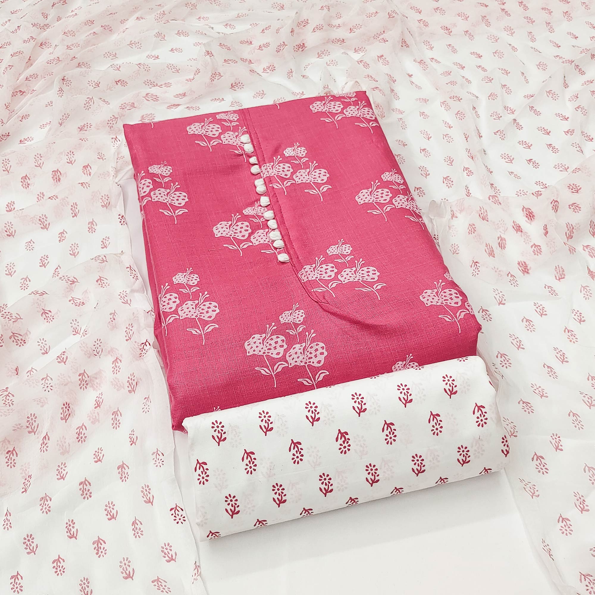 Pink Cotton Blend Floral Printed Dress Material