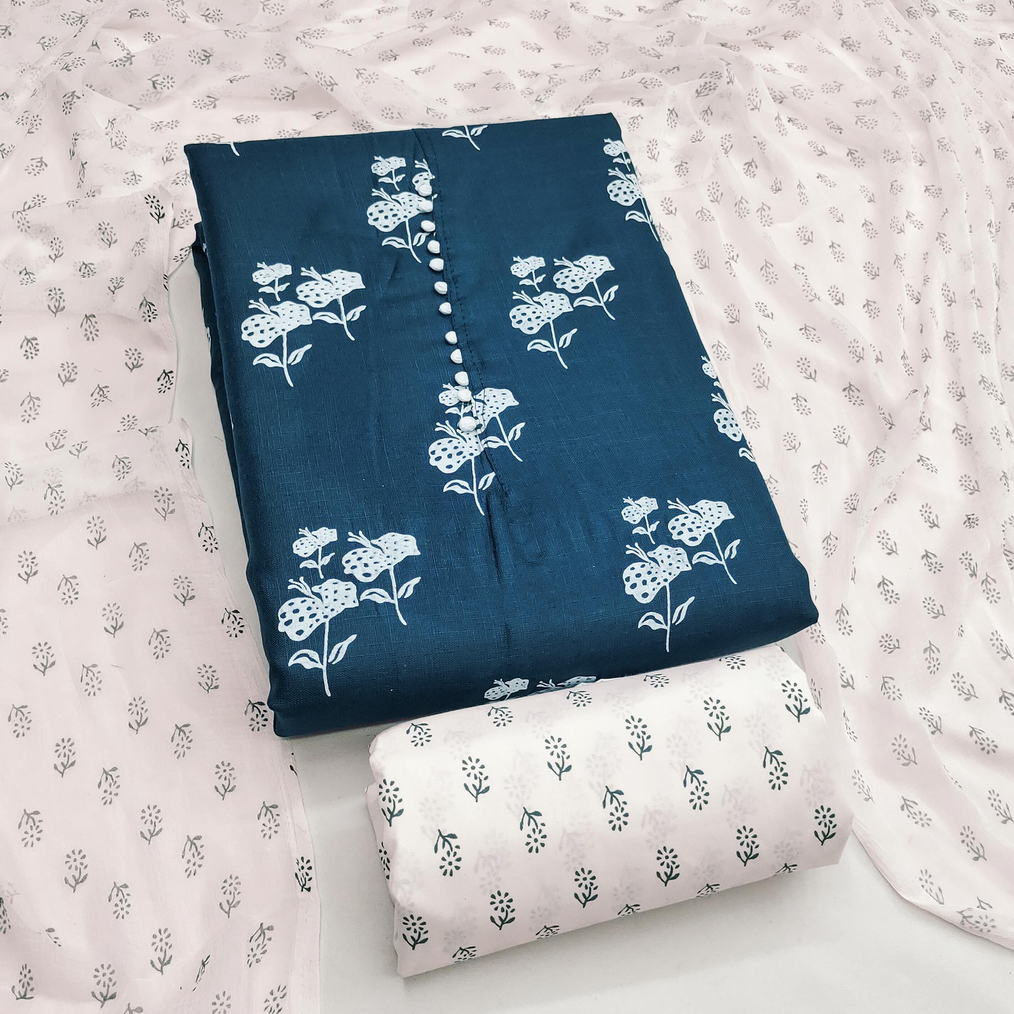 Teal Cotton Blend Fabric Featuring Subtle and Elegant Floral Prints