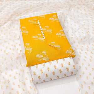 Yellow Cotton Blend Floral Printed Dress Material