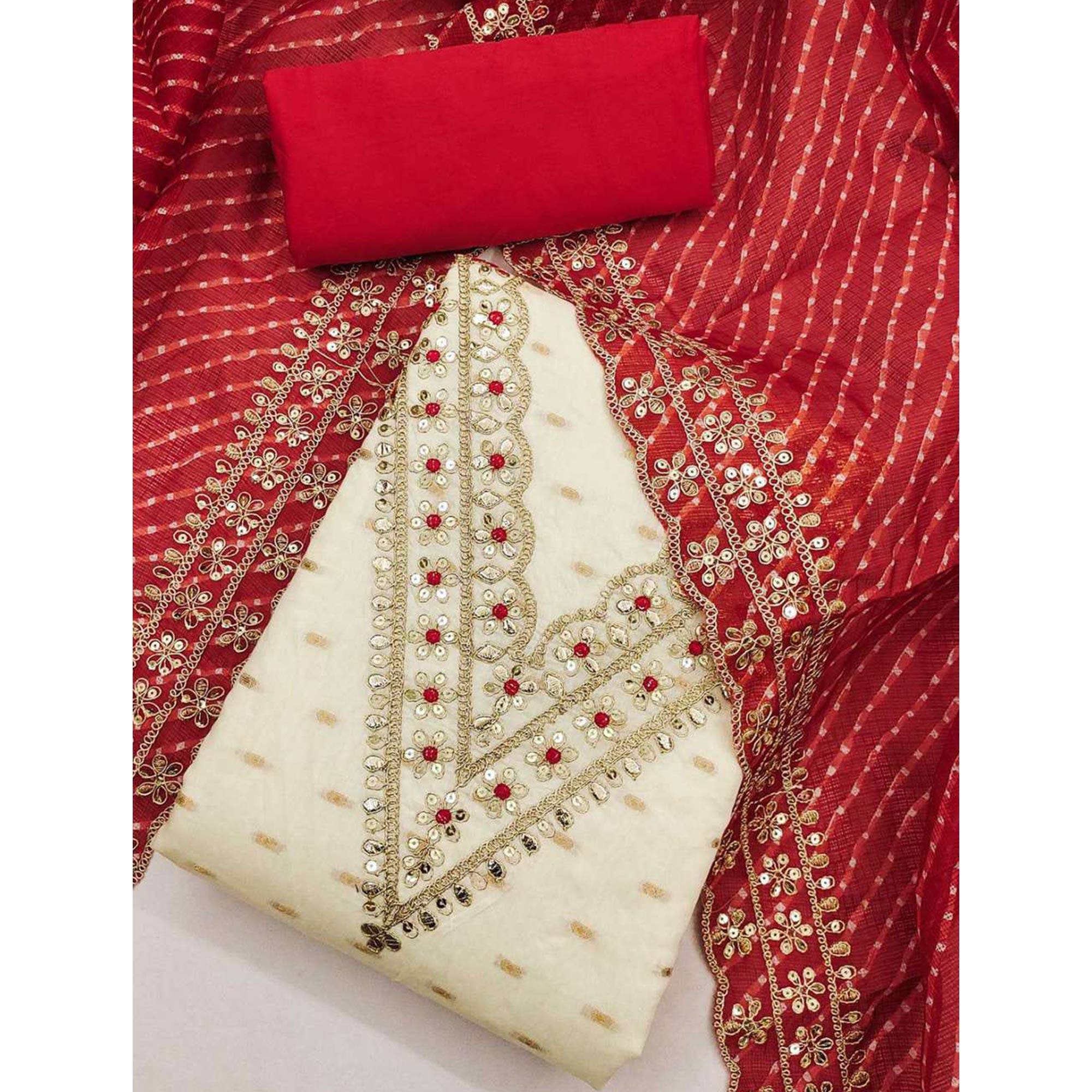 Offwhite Woven With Sequins Embroidered Chanderi Dress Material