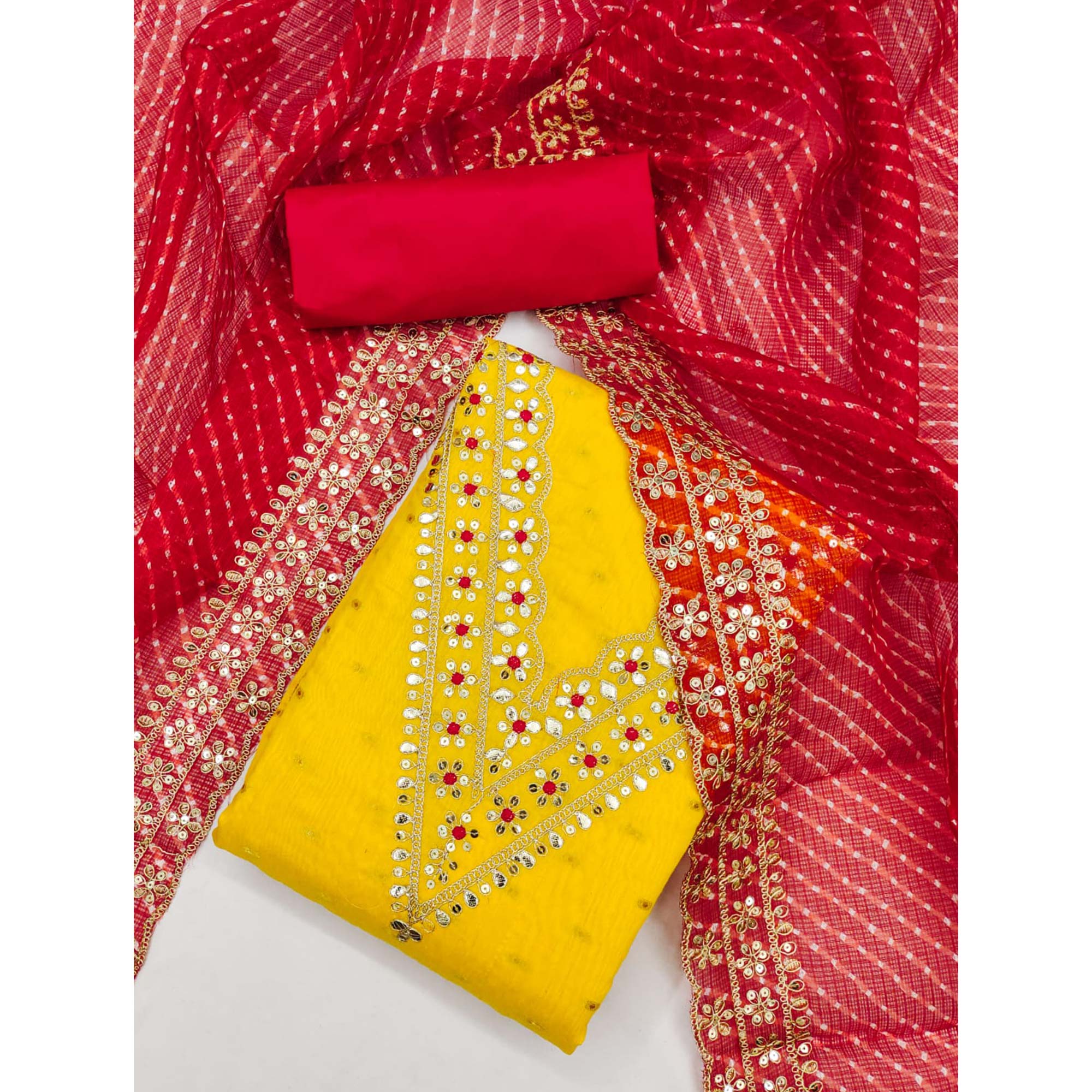 Yellow Woven With Sequins Embroidered Chanderi Dress Material