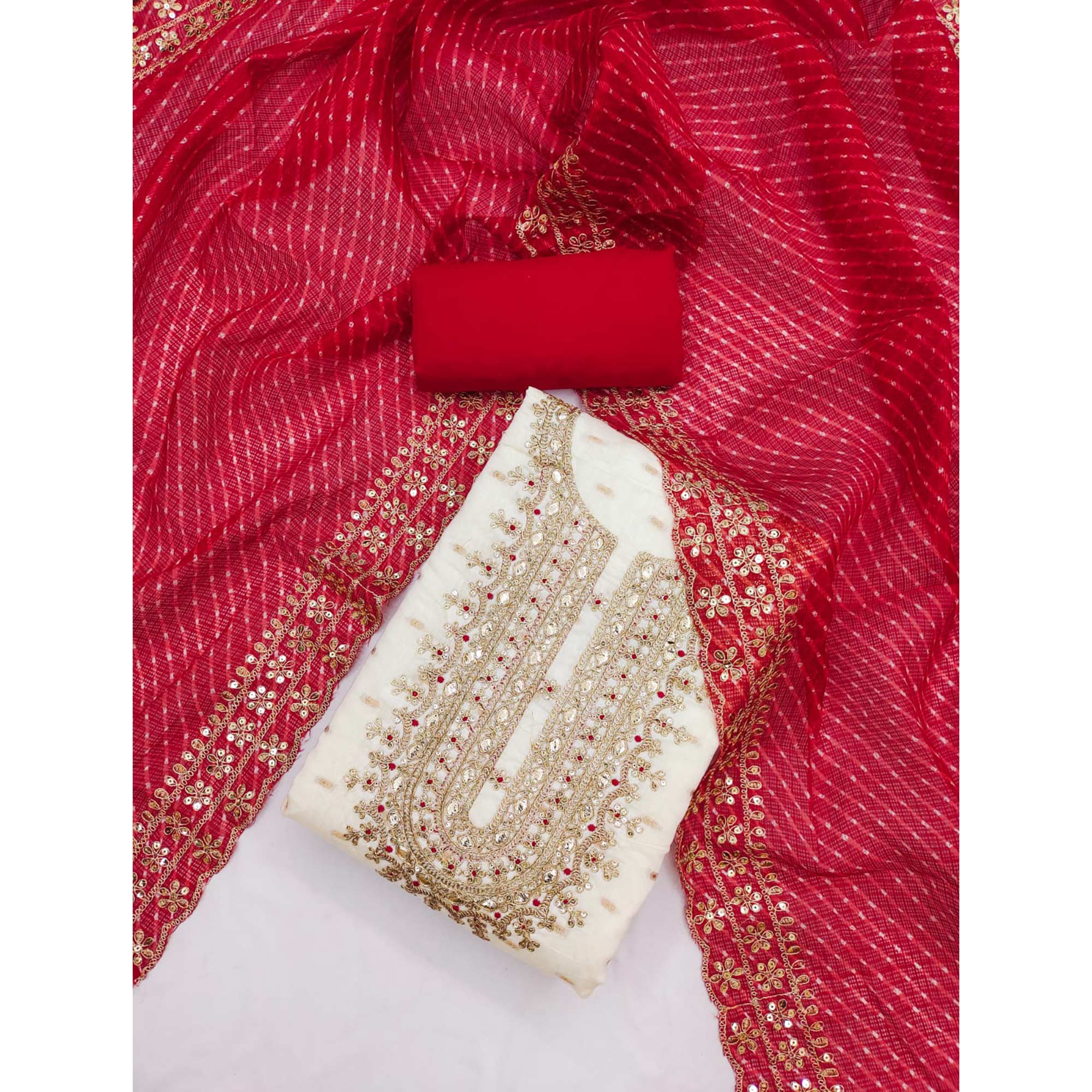 Offwhite Woven With Sequins Embroidered Chanderi Dress Material