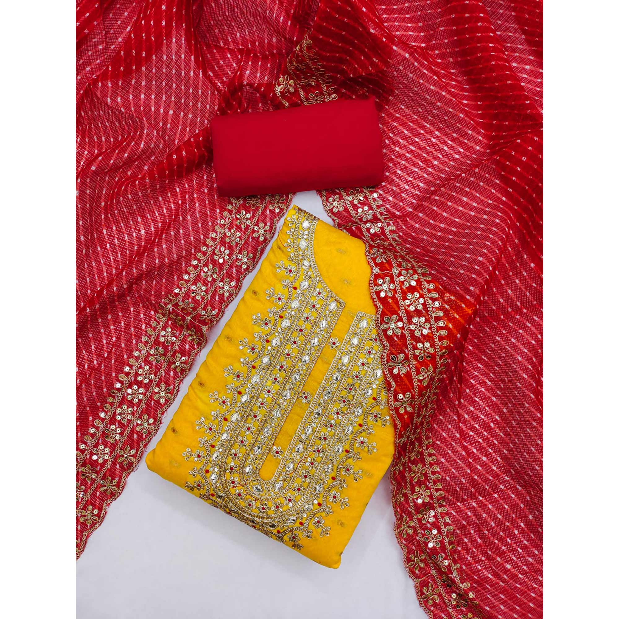 Yellow Woven With Sequins Embroidered Chanderi Dress Material