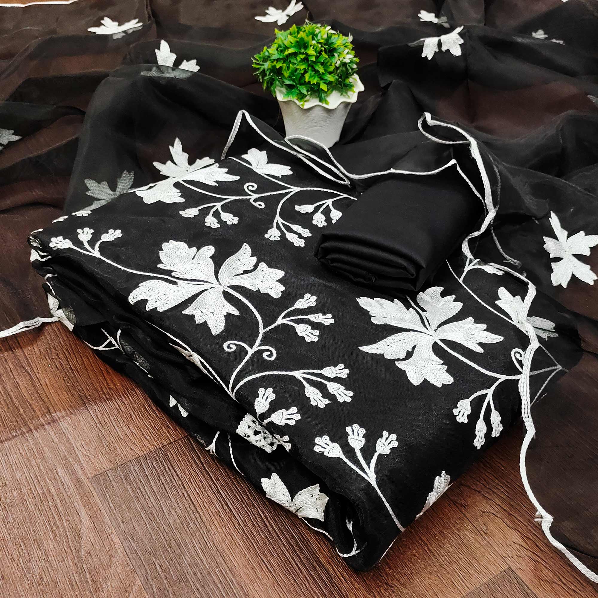 Black Floral Embroidered Organza Dress Material