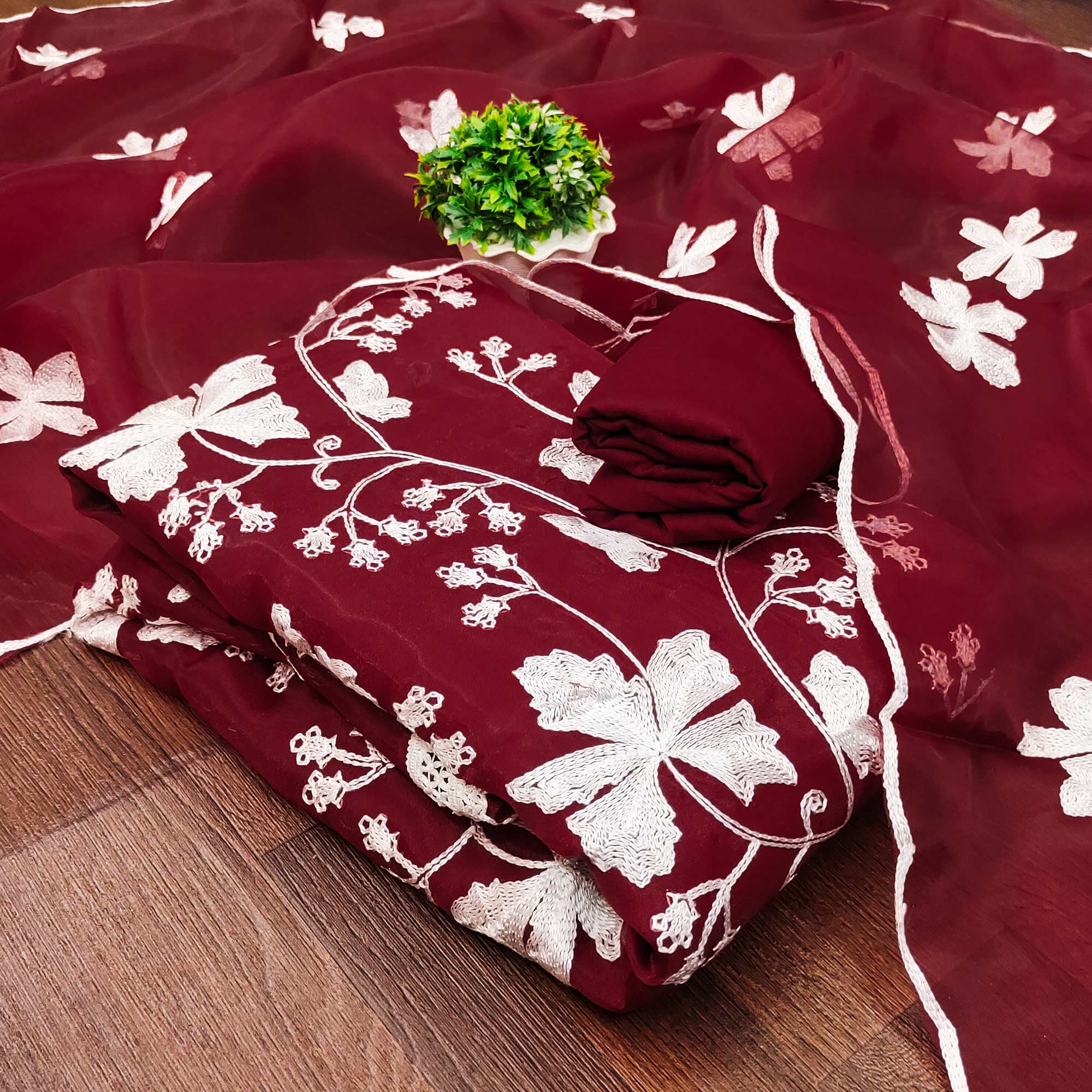 Maroon Floral Embroidered Organza Dress Material