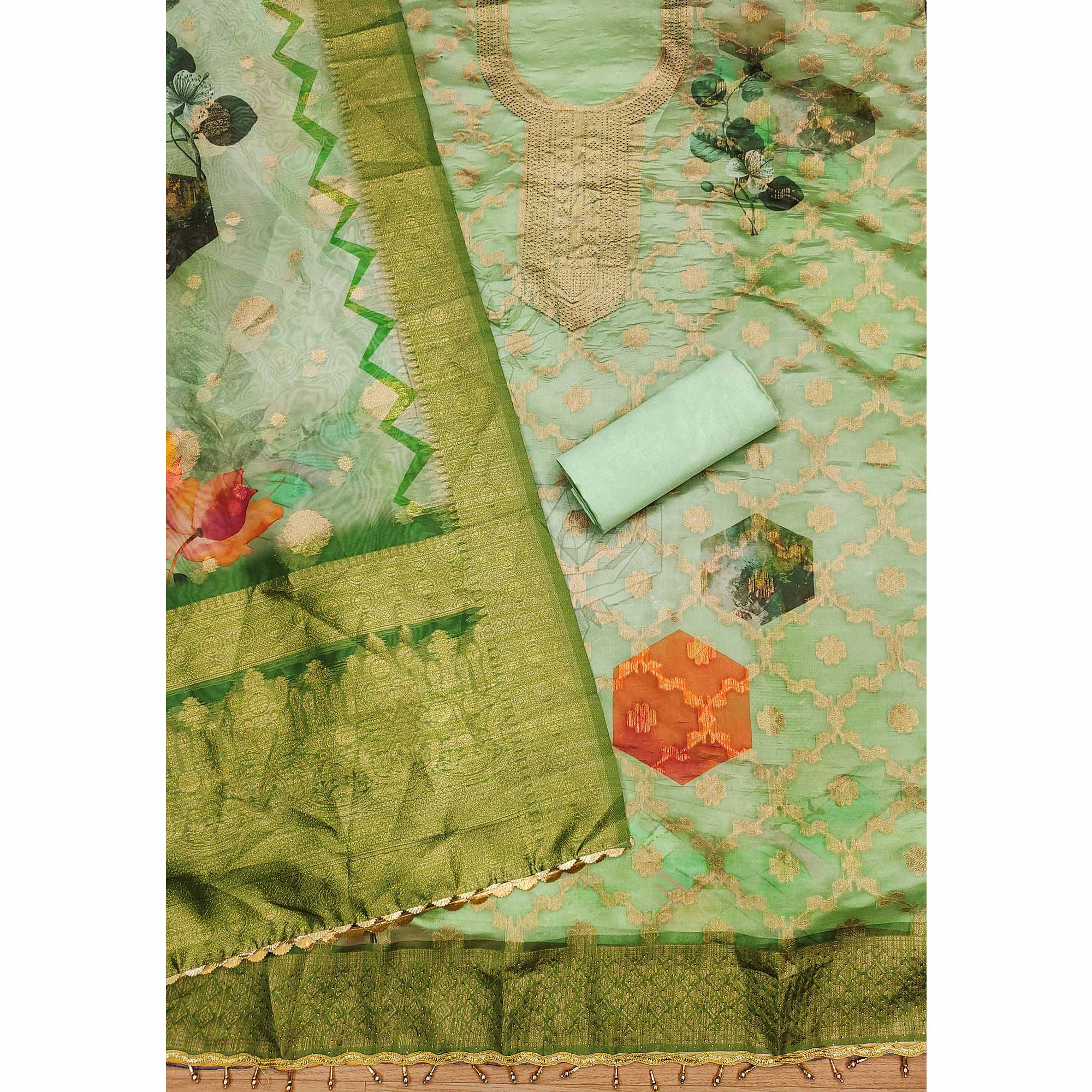 Green Woven Work Organza Dress Material