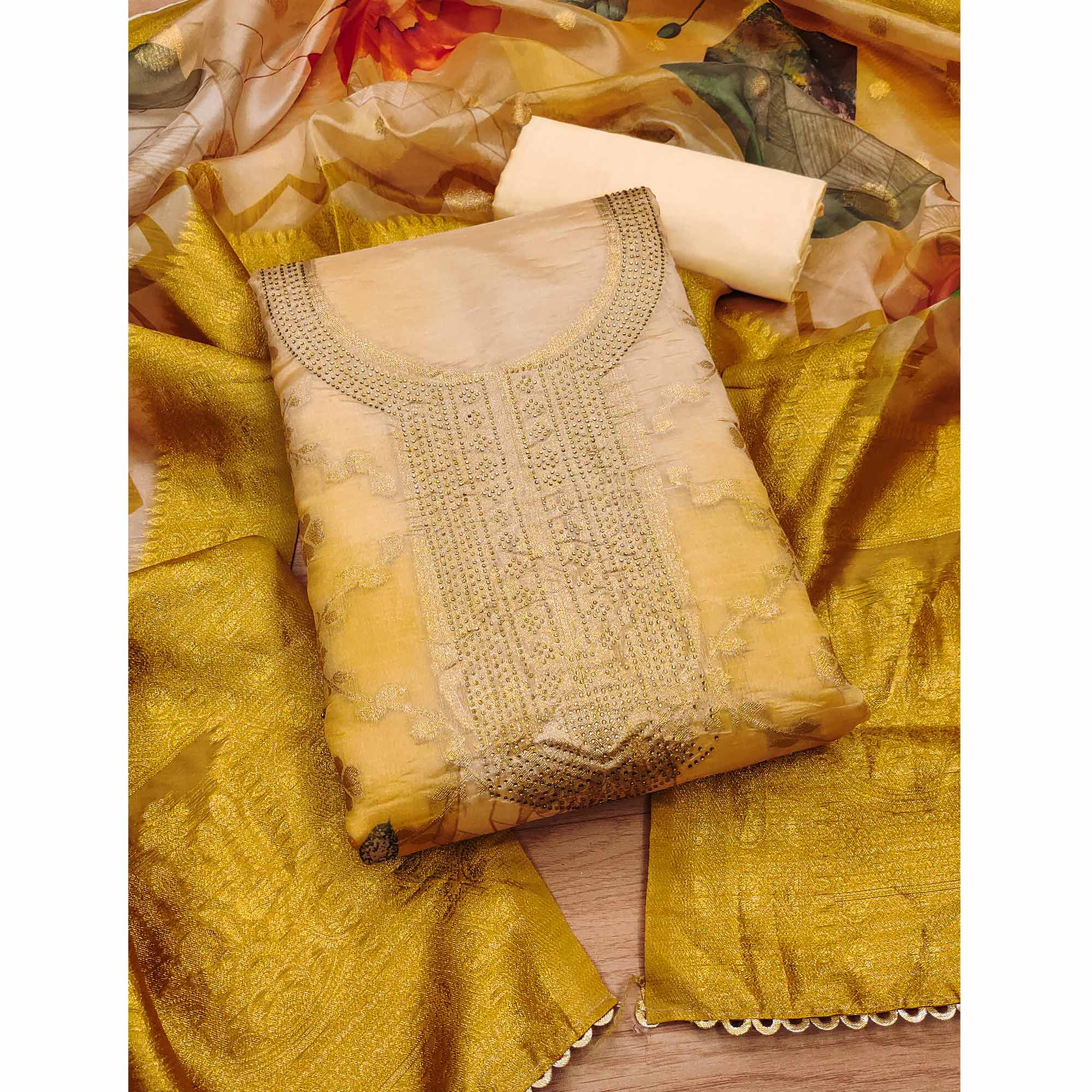 Mustard Woven Work Organza Dress Material