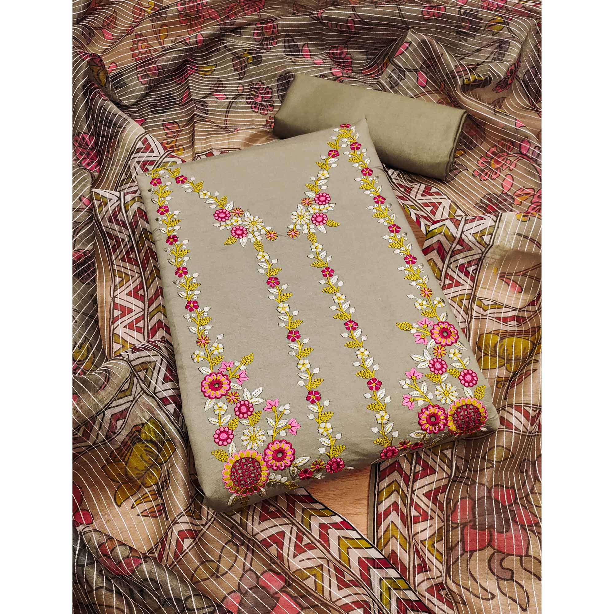 Grey Floral Embroidered Chanderi Silk Dress Material