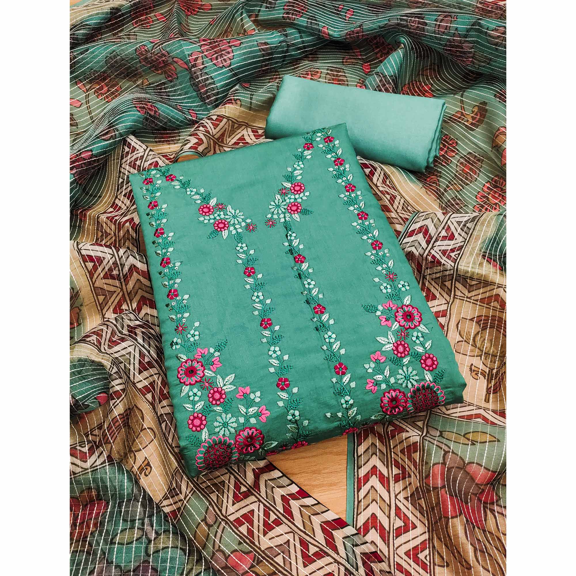 Turquoise Floral Embroidered Chanderi Silk Dress Material