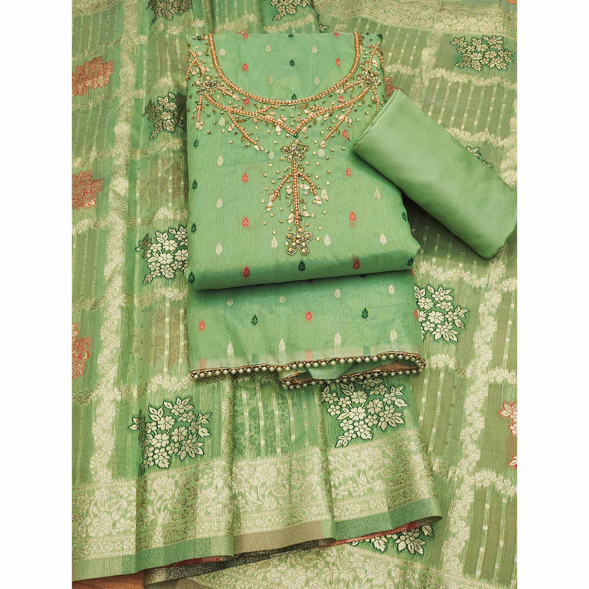 Pista Green Woven With Handwork Simmer Jacquard Dress Material