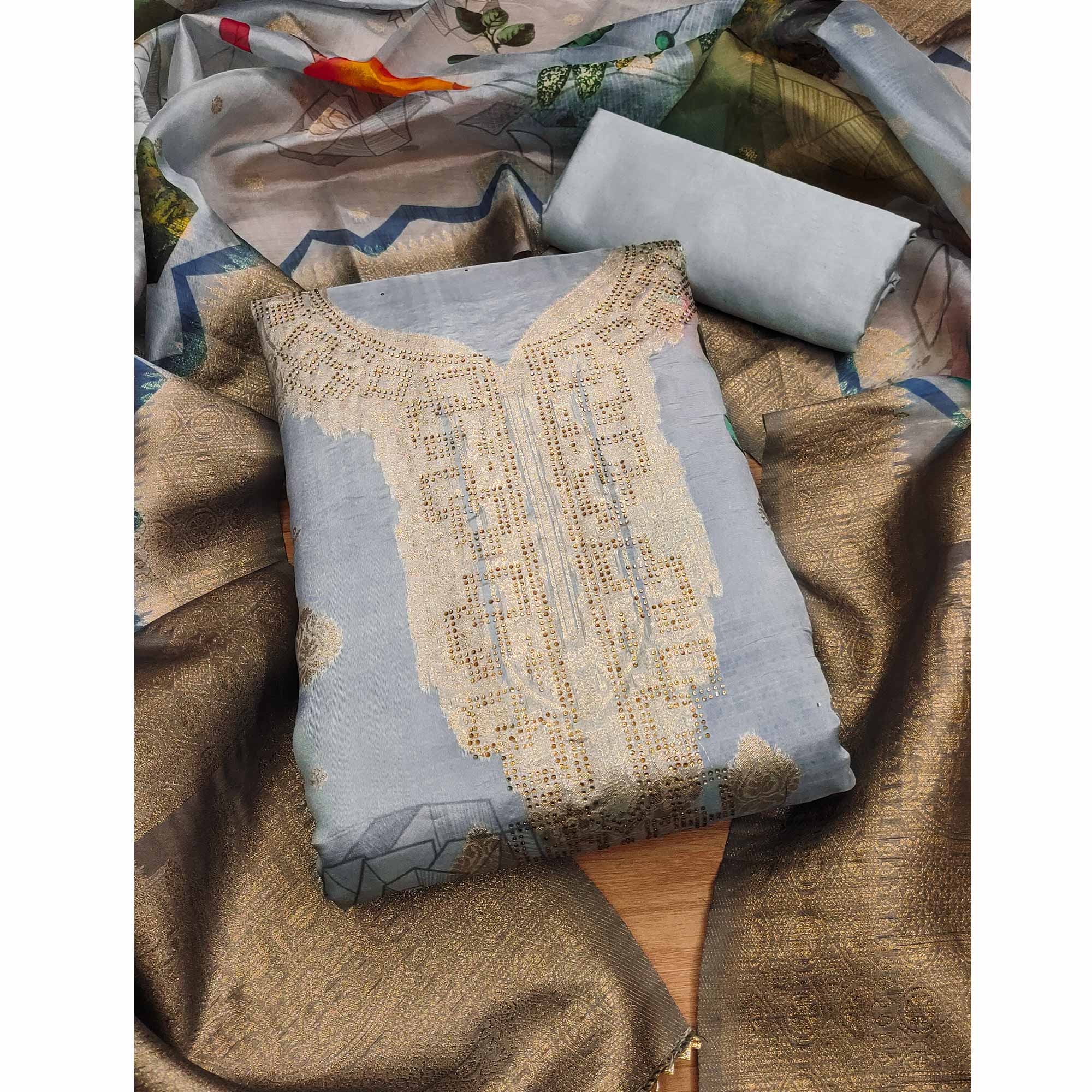 Grey Woven With Digital Printed & Swarovski Organza Dress Material